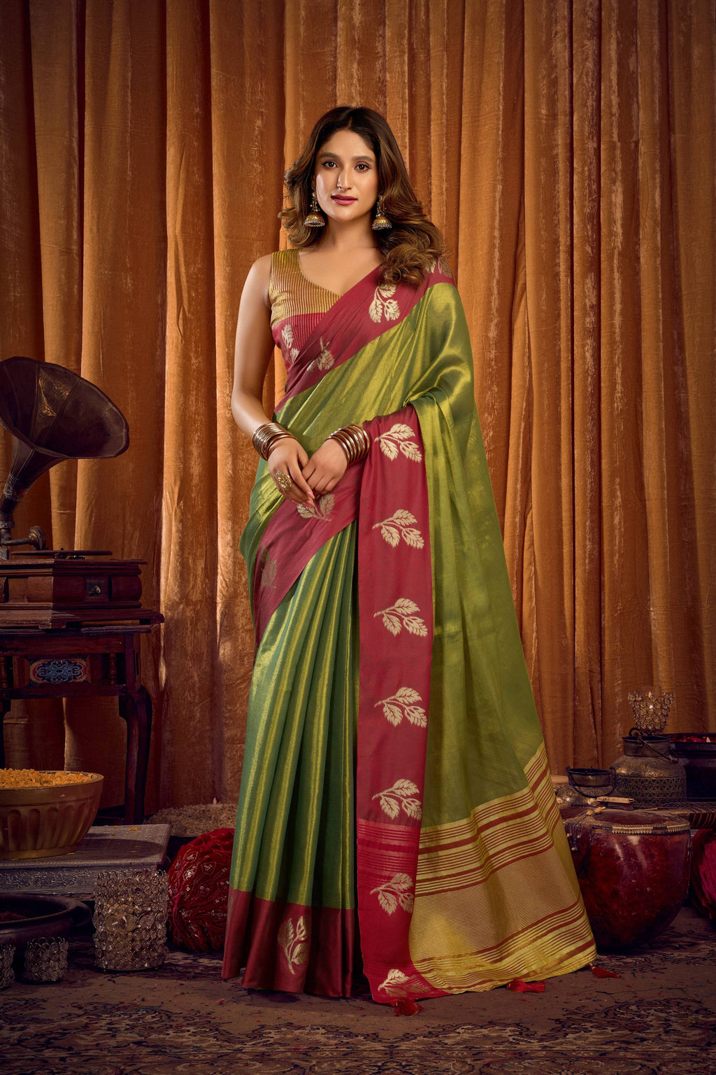 Jyoti Fashion Women's Green Soft Tissue Zari Woven Saree with Blouse - Distacart