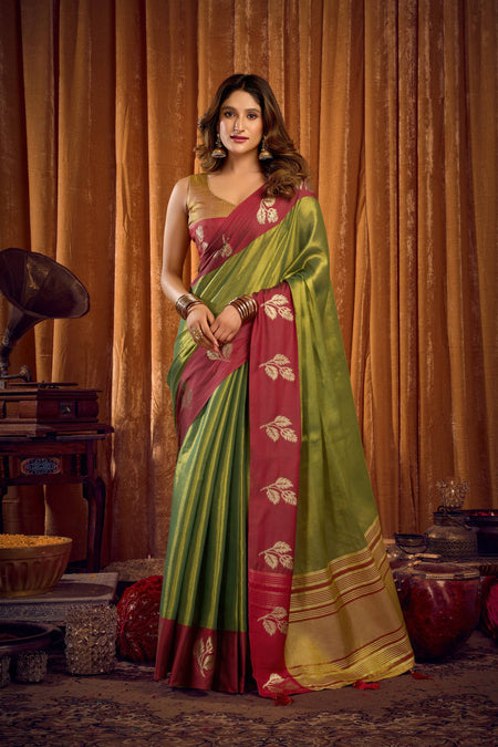 Jyoti Fashion Women's Green Soft Tissue Zari Woven Saree with Blouse