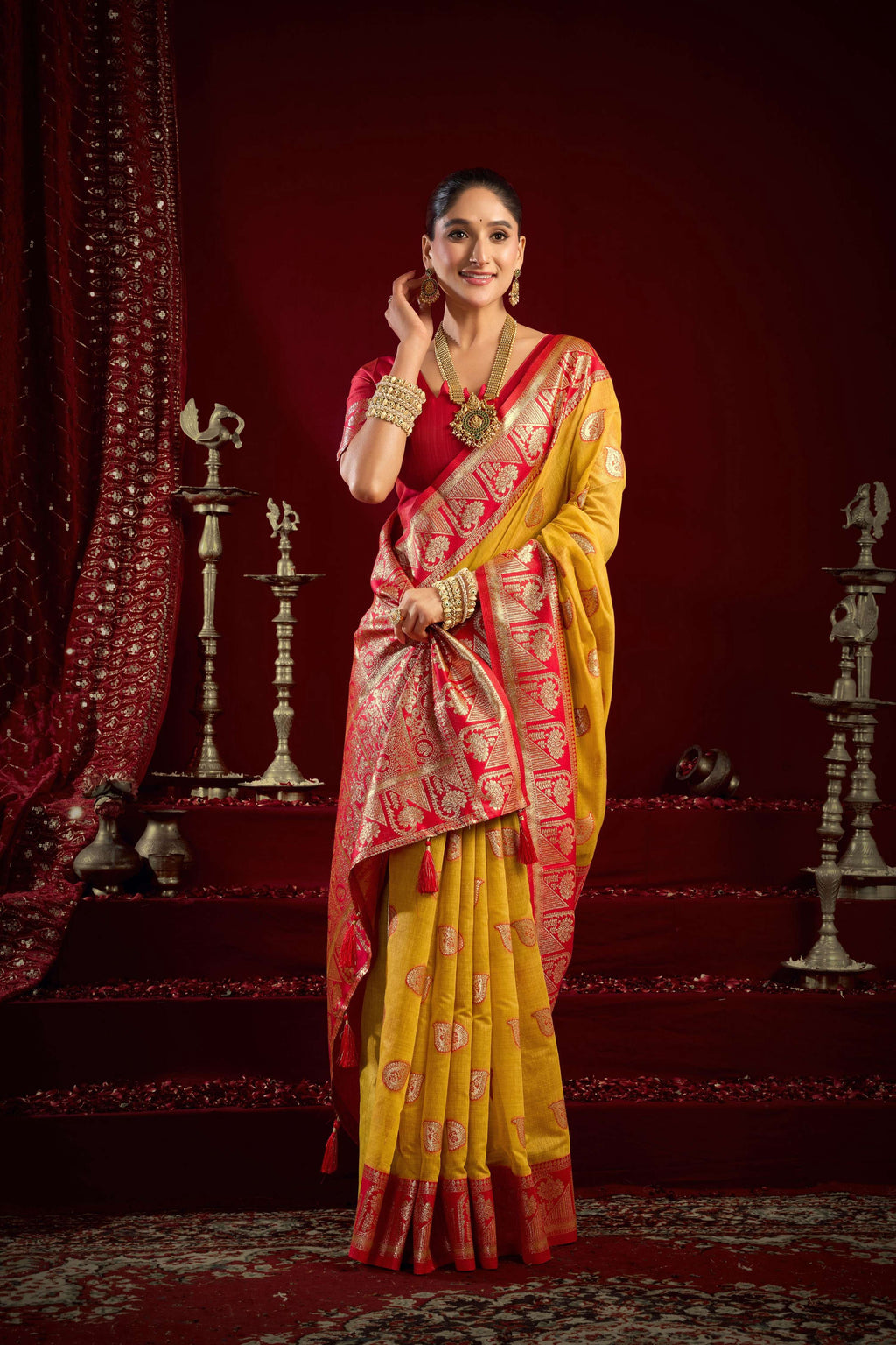 Jyoti Fashion Women's Yellow Modal Banarasi Zari Woven Saree with Blouse - Distacart