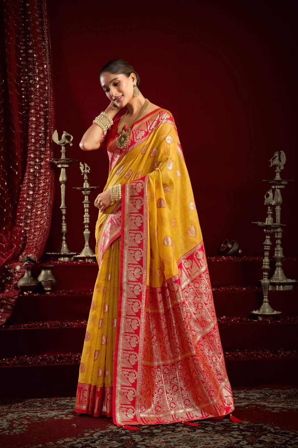 Jyoti Fashion Women's Yellow Modal Banarasi Zari Woven Saree with Blouse - Distacart