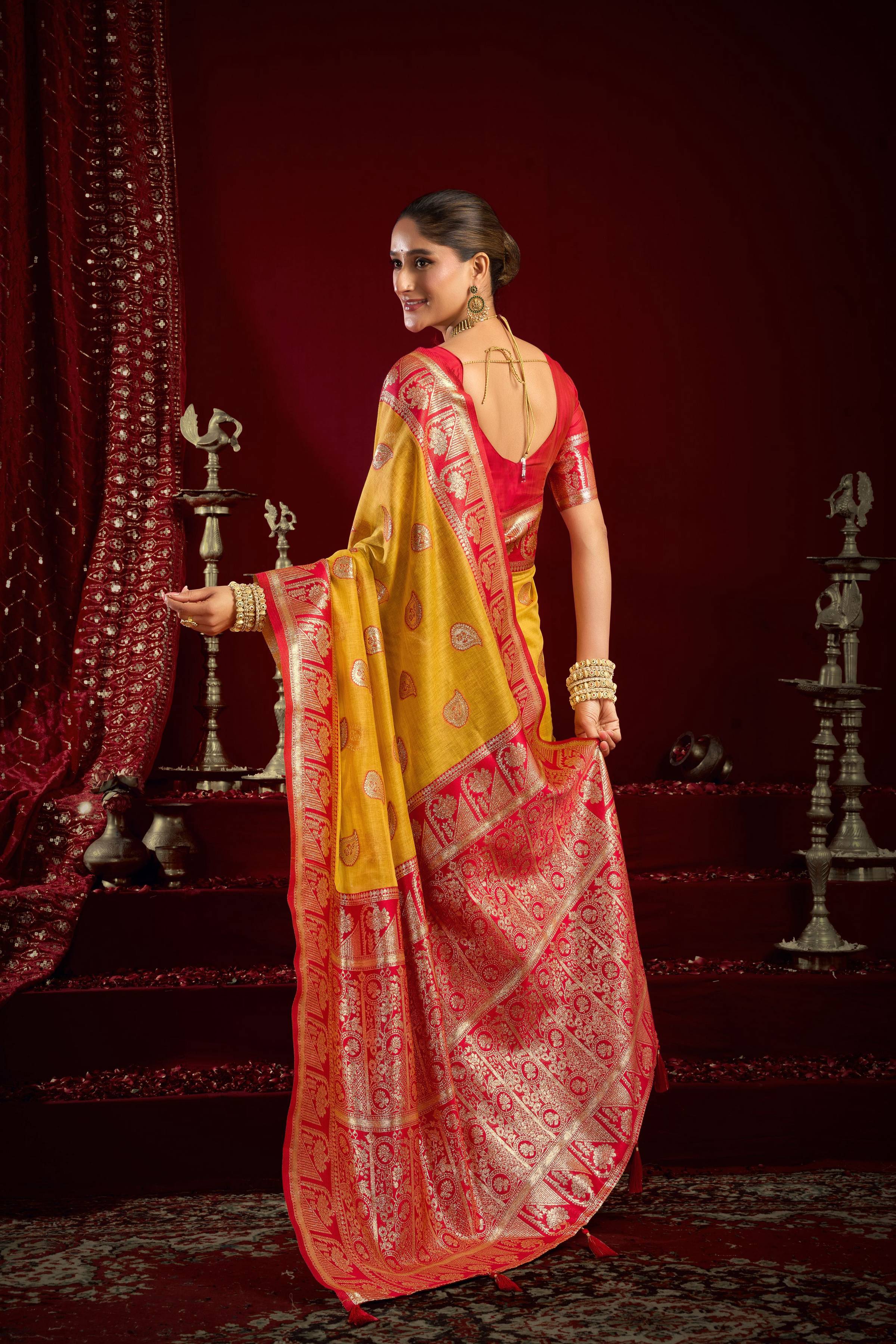 Jyoti Fashion Women's Yellow Modal Banarasi Zari Woven Saree with Blouse - Distacart