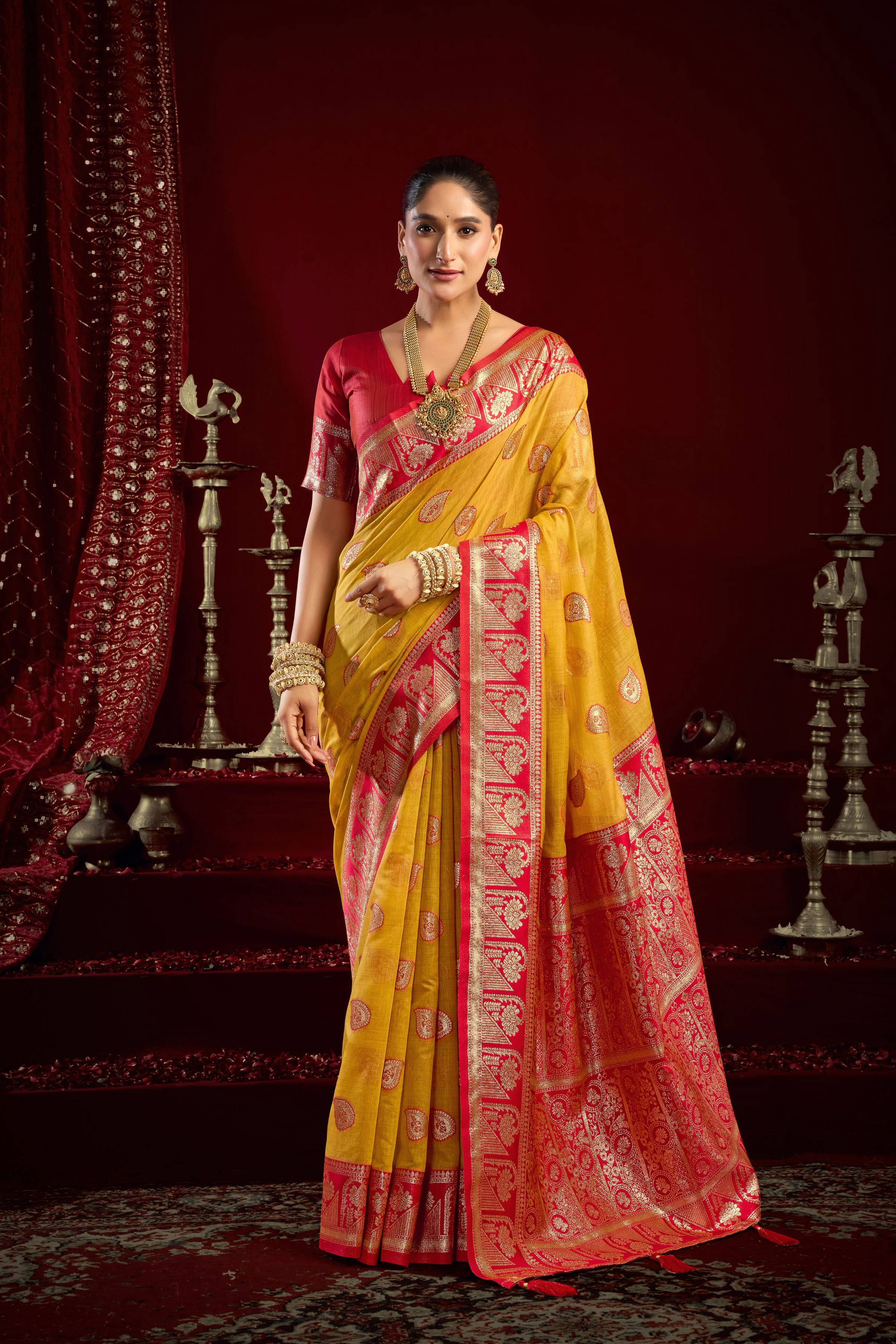 Jyoti Fashion Women's Yellow Modal Banarasi Zari Woven Saree with Blouse - Distacart