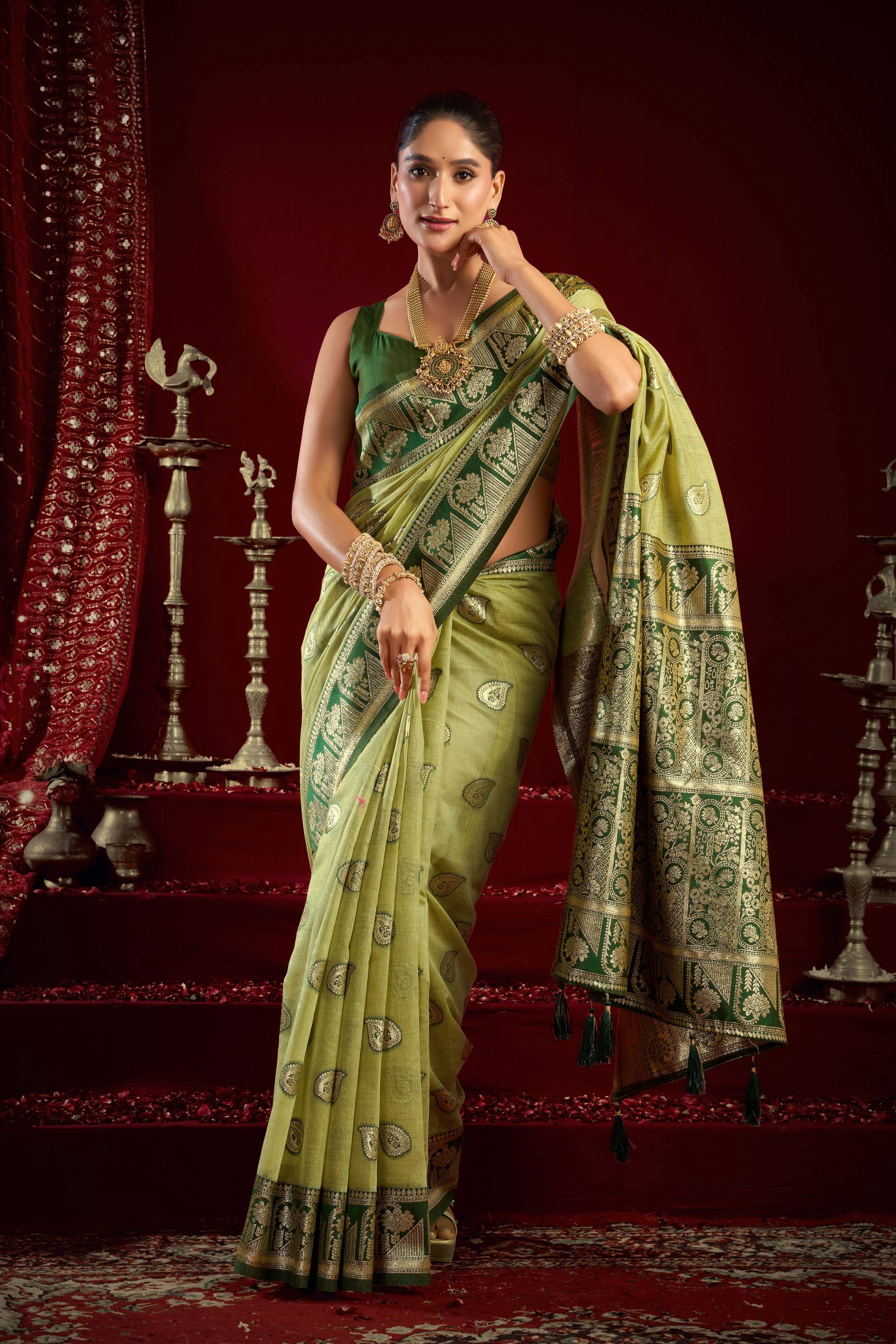 Jyoti Fashion Women's Pista Green Modal Banarasi Zari Woven Saree with Blouse - Distacart