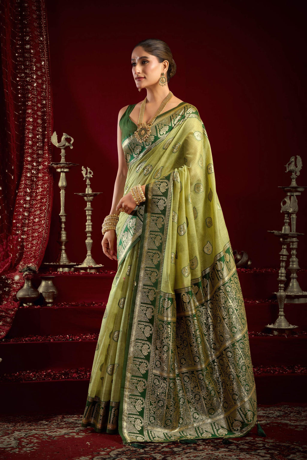 Jyoti Fashion Women's Pista Green Modal Banarasi Zari Woven Saree with Blouse - Distacart