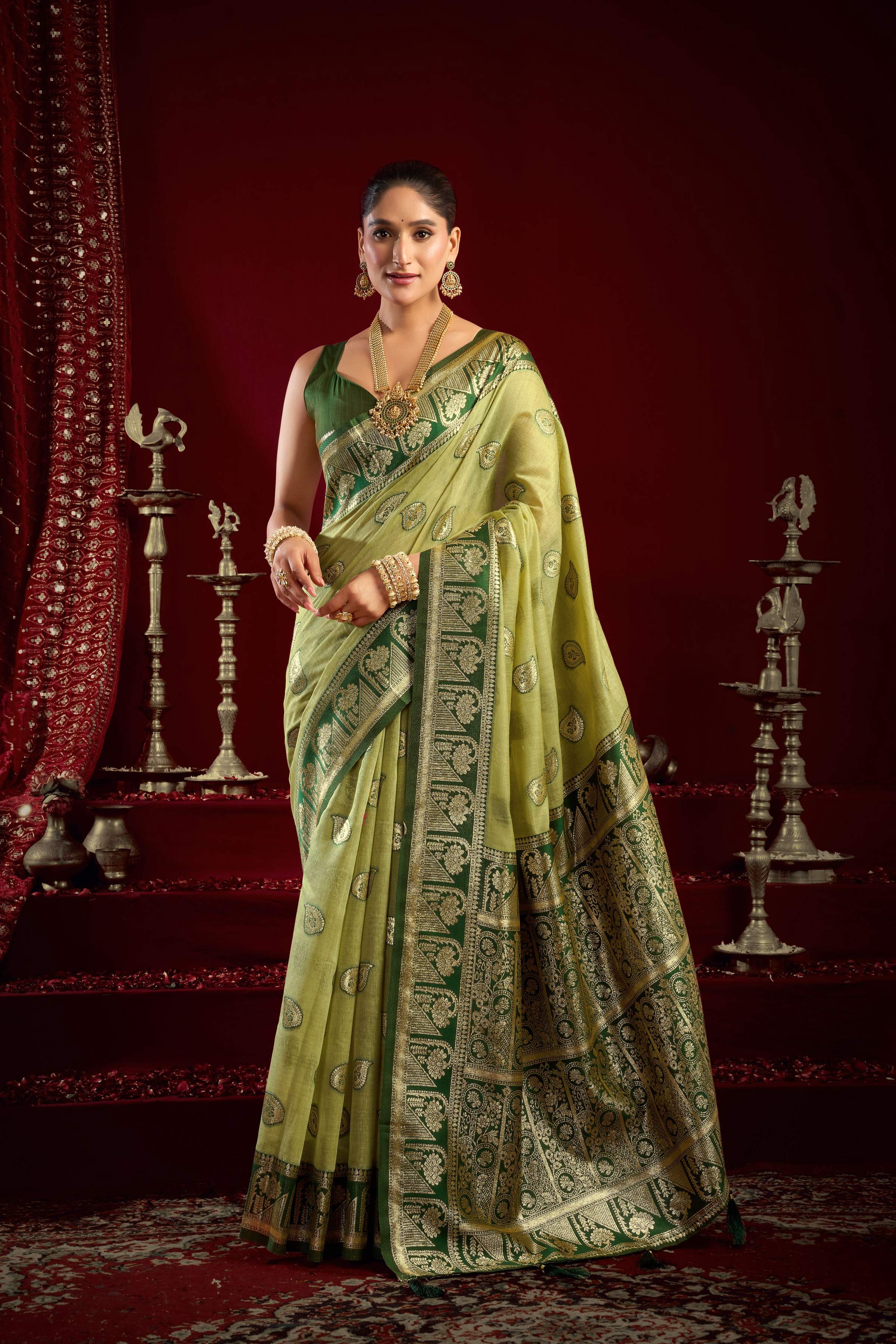 Jyoti Fashion Women's Pista Green Modal Banarasi Zari Woven Saree with Blouse - Distacart