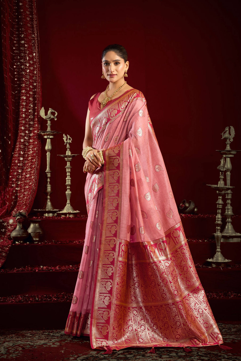 Jyoti Fashion Women's Baby Pink Modal Banarasi Zari Woven Saree with Blouse - Distacart