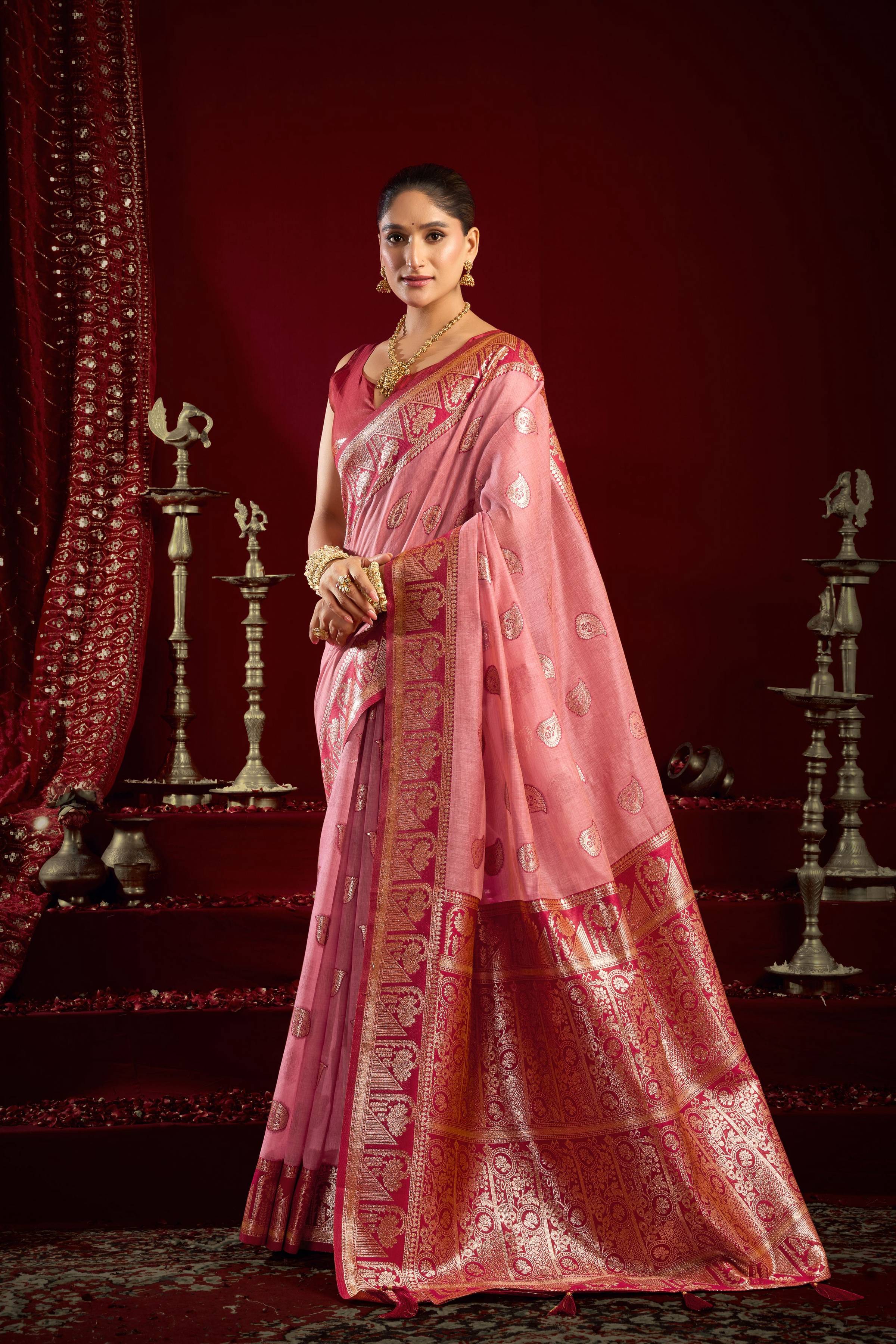 Jyoti Fashion Women's Baby Pink Modal Banarasi Zari Woven Saree with Blouse - Distacart