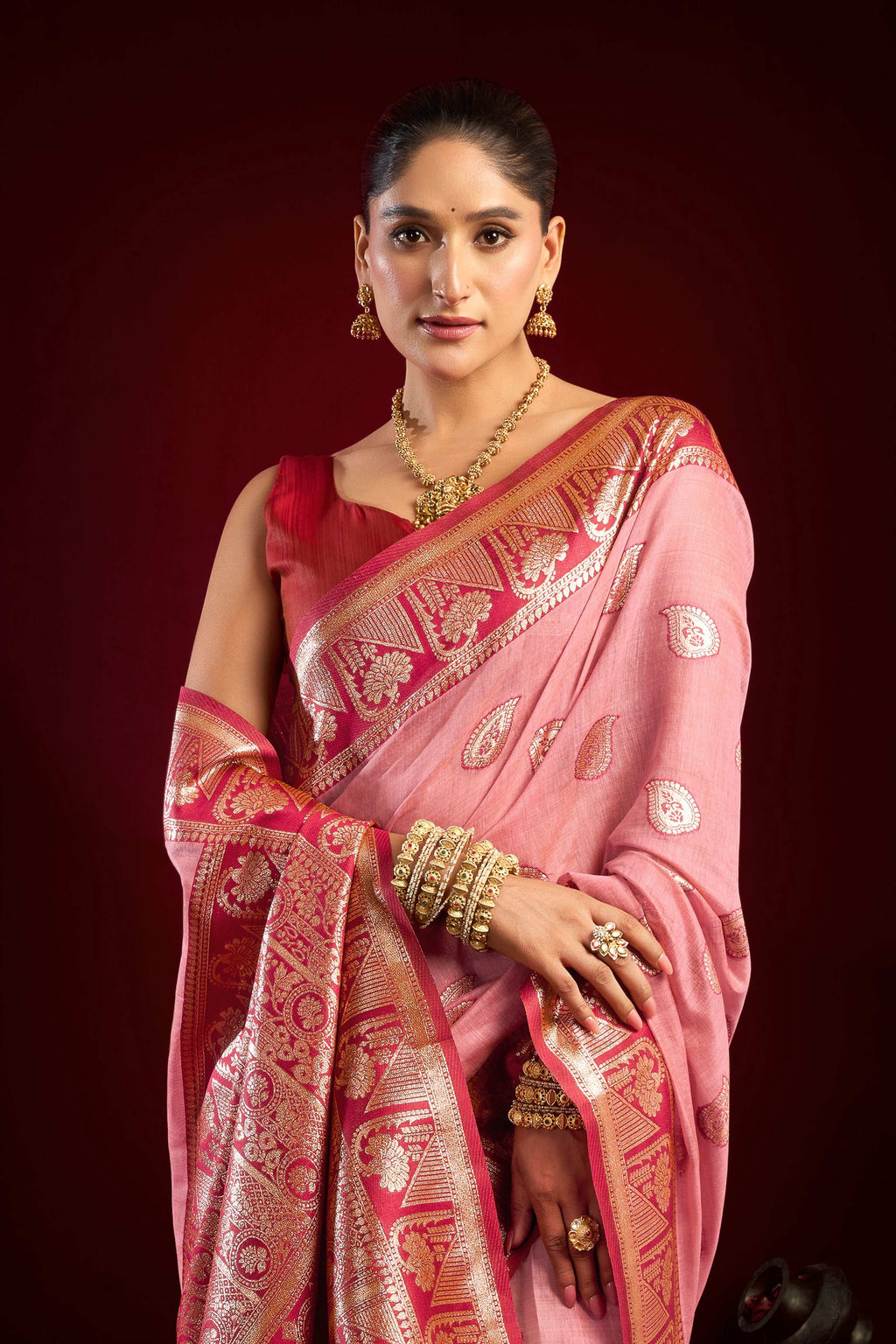 Jyoti Fashion Women's Baby Pink Modal Banarasi Zari Woven Saree with Blouse - Distacart