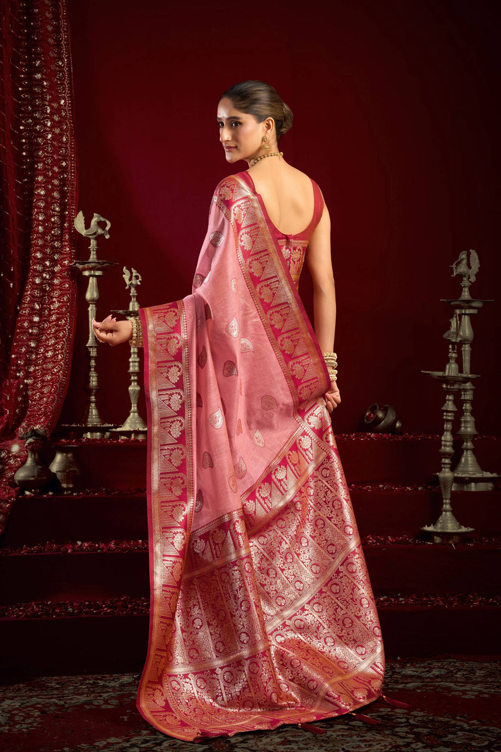 Jyoti Fashion Women's Baby Pink Modal Banarasi Zari Woven Saree with Blouse - Distacart