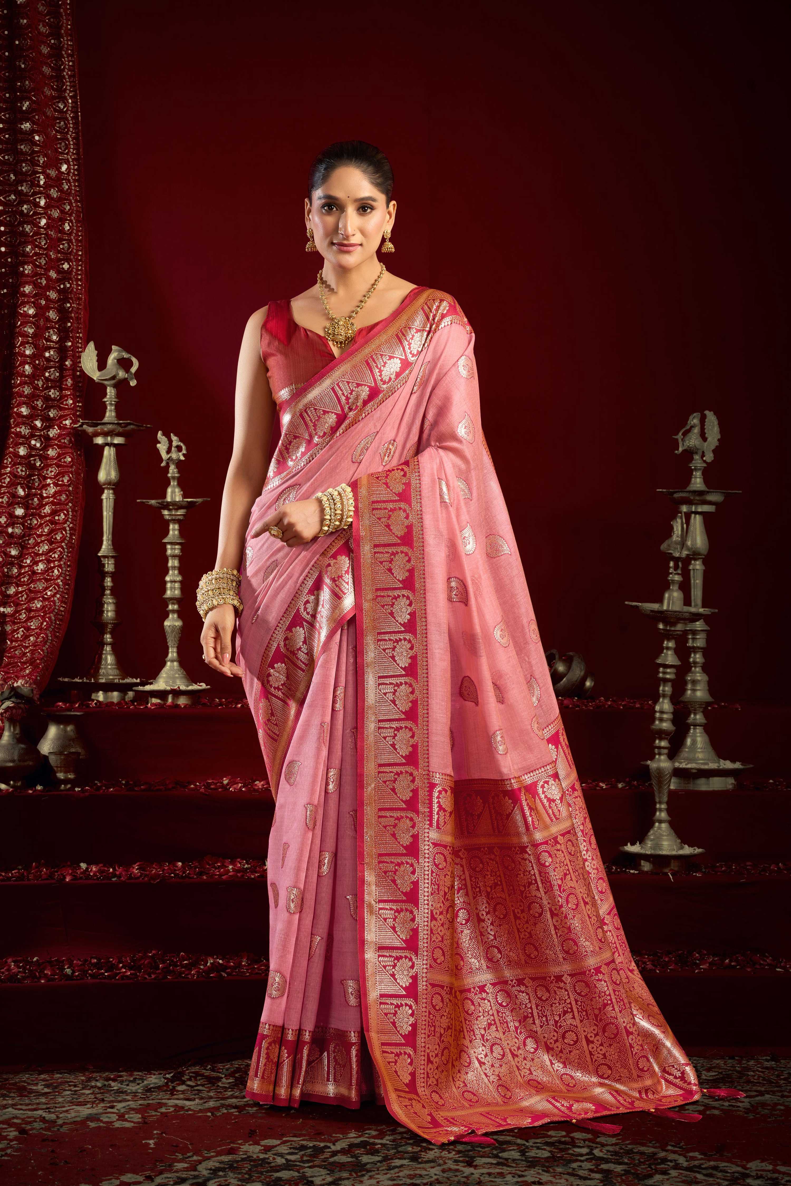 Jyoti Fashion Women's Baby Pink Modal Banarasi Zari Woven Saree with Blouse - Distacart