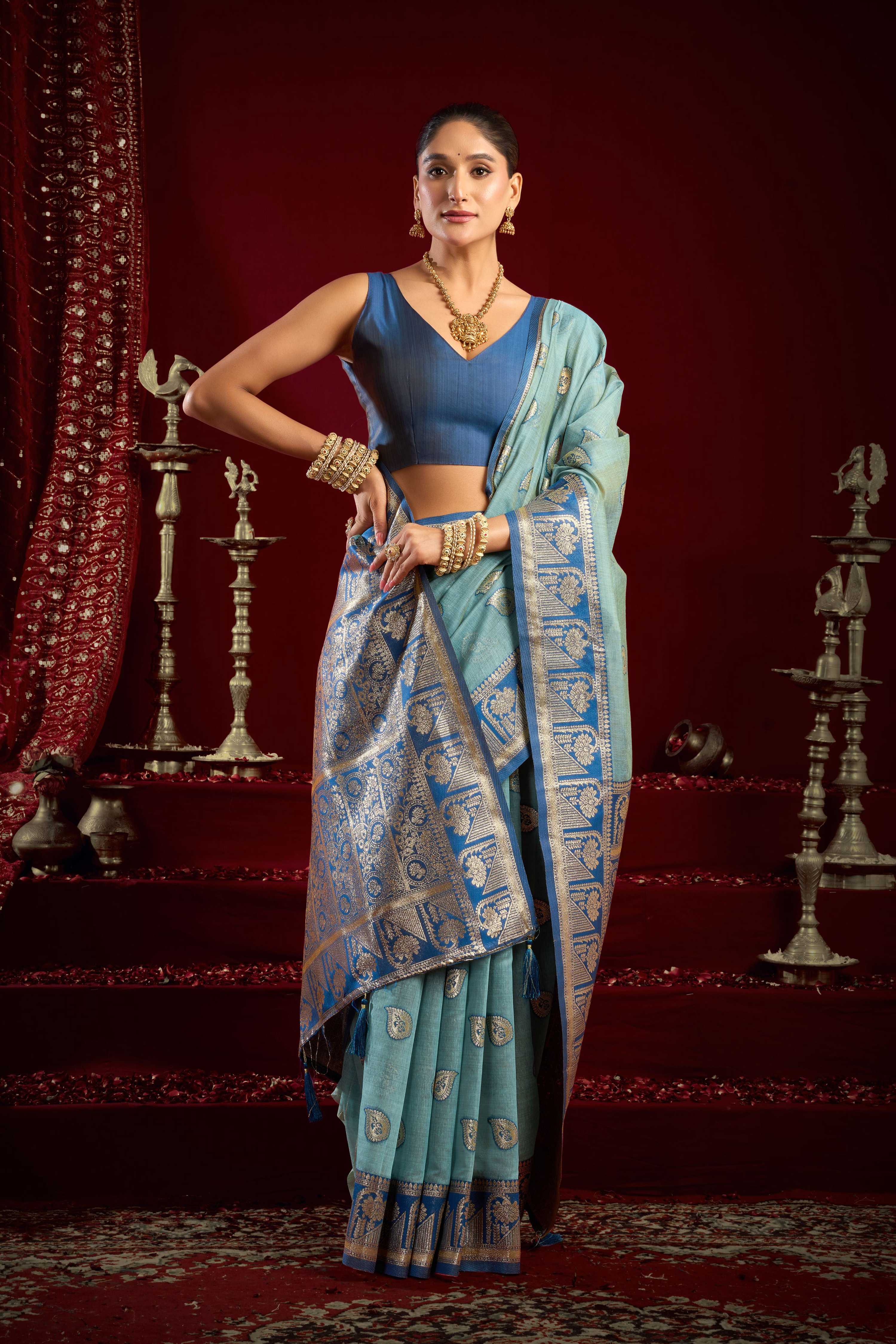 Jyoti Fashion Women's Sky Blue Modal Banarasi Zari Woven Saree with Blouse - Distacart