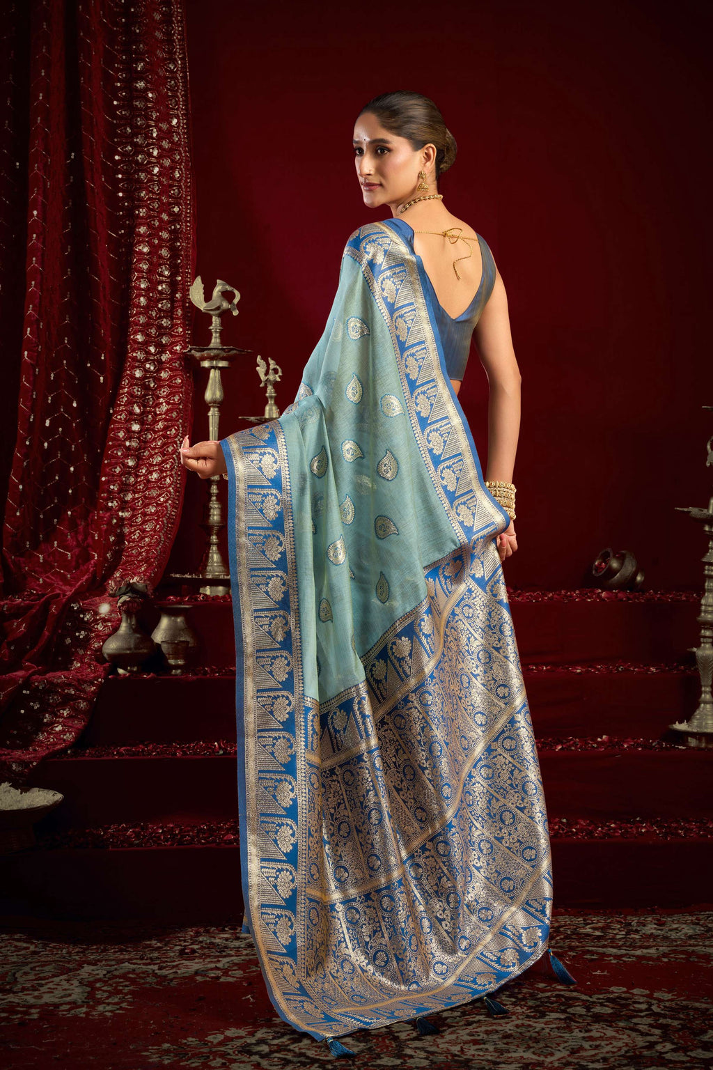Jyoti Fashion Women's Sky Blue Modal Banarasi Zari Woven Saree with Blouse - Distacart
