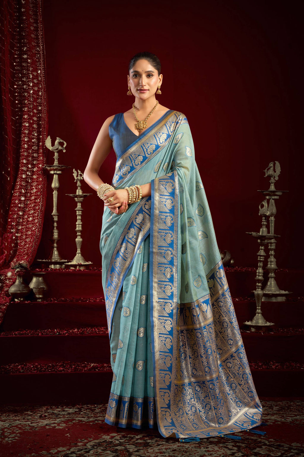Jyoti Fashion Women's Sky Blue Modal Banarasi Zari Woven Saree with Blouse - Distacart