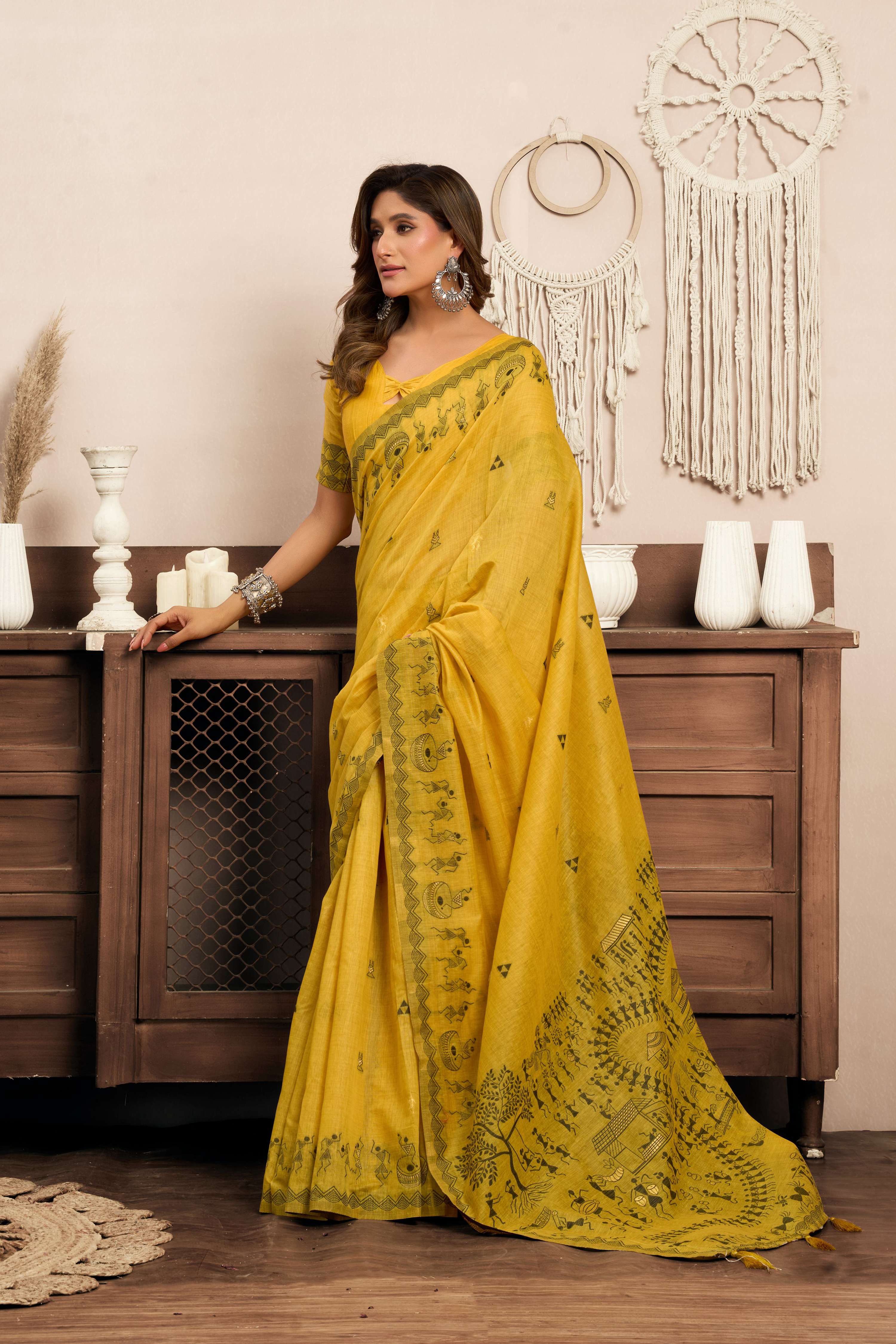 Jyoti Fashion Women's Mustard Modal Art Silk Warli Work Saree with Blouse - Distacart