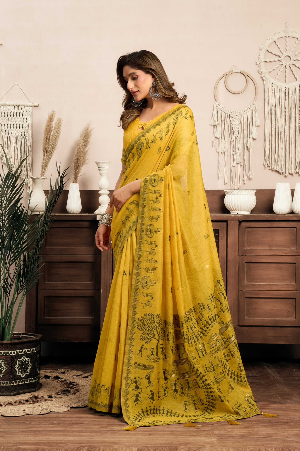 Jyoti Fashion Women's Mustard Modal Art Silk Warli Work Saree with Blouse - Distacart