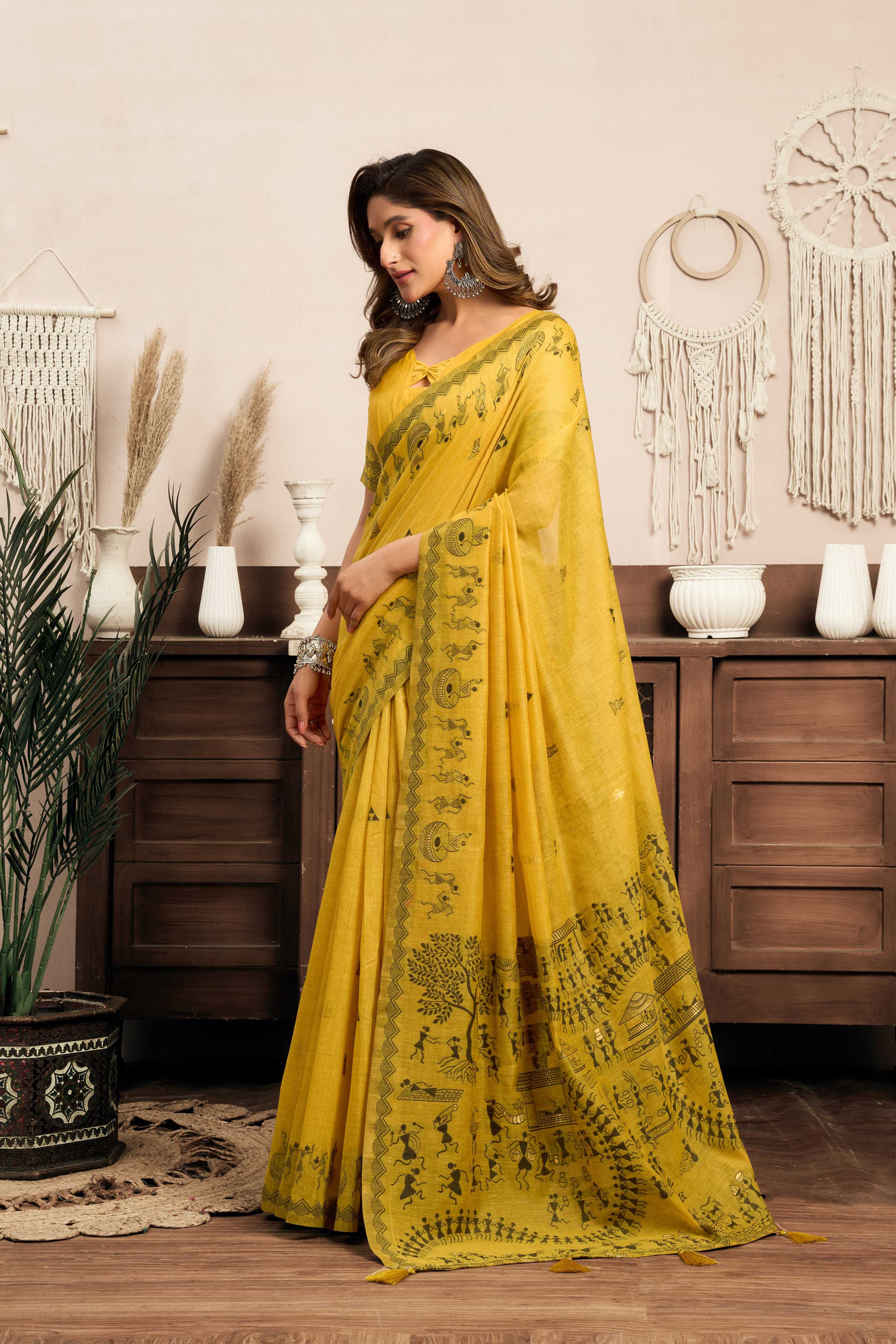 Jyoti Fashion Women's Mustard Modal Art Silk Warli Work Saree with Blouse - Distacart