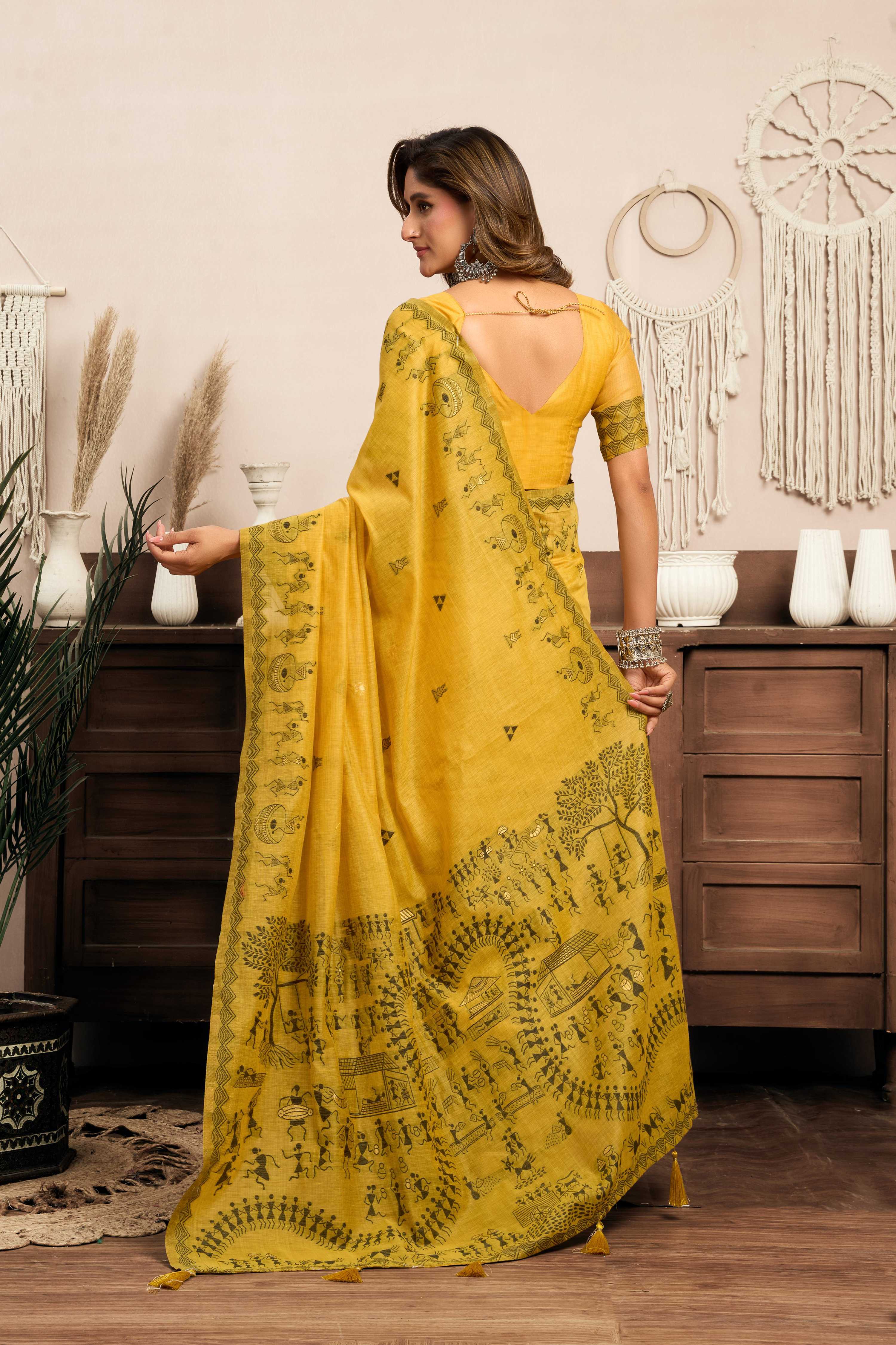 Jyoti Fashion Women's Mustard Modal Art Silk Warli Work Saree with Blouse - Distacart