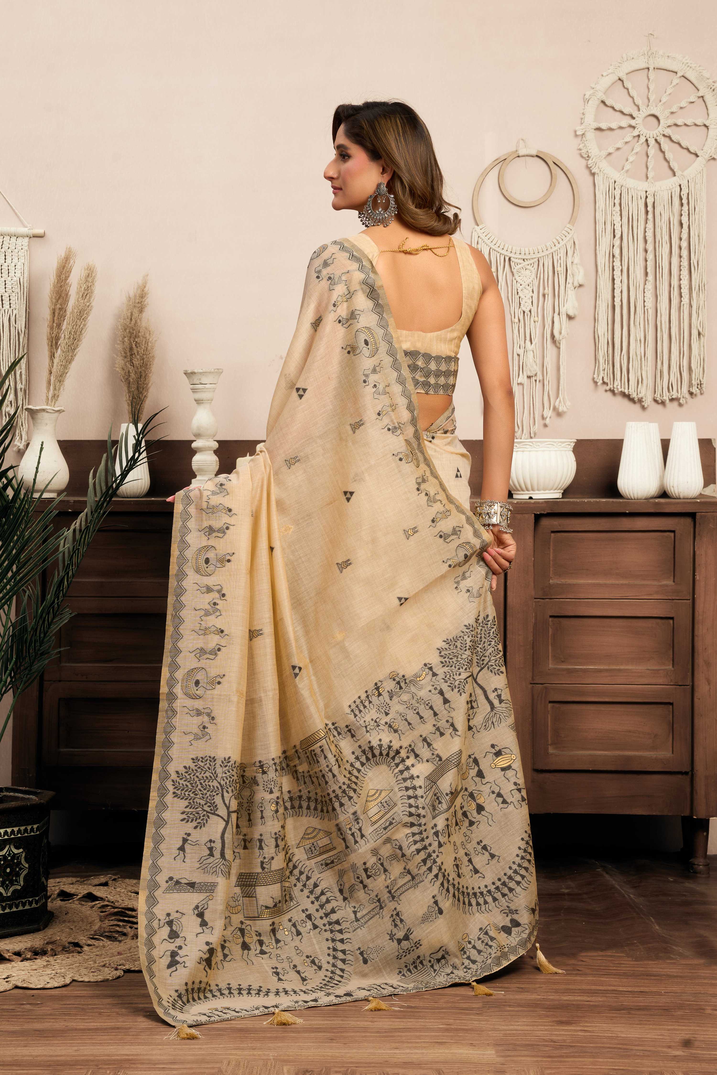 Jyoti Fashion Women's Cream Modal Art Silk Warli Work Saree with Blouse - Distacart