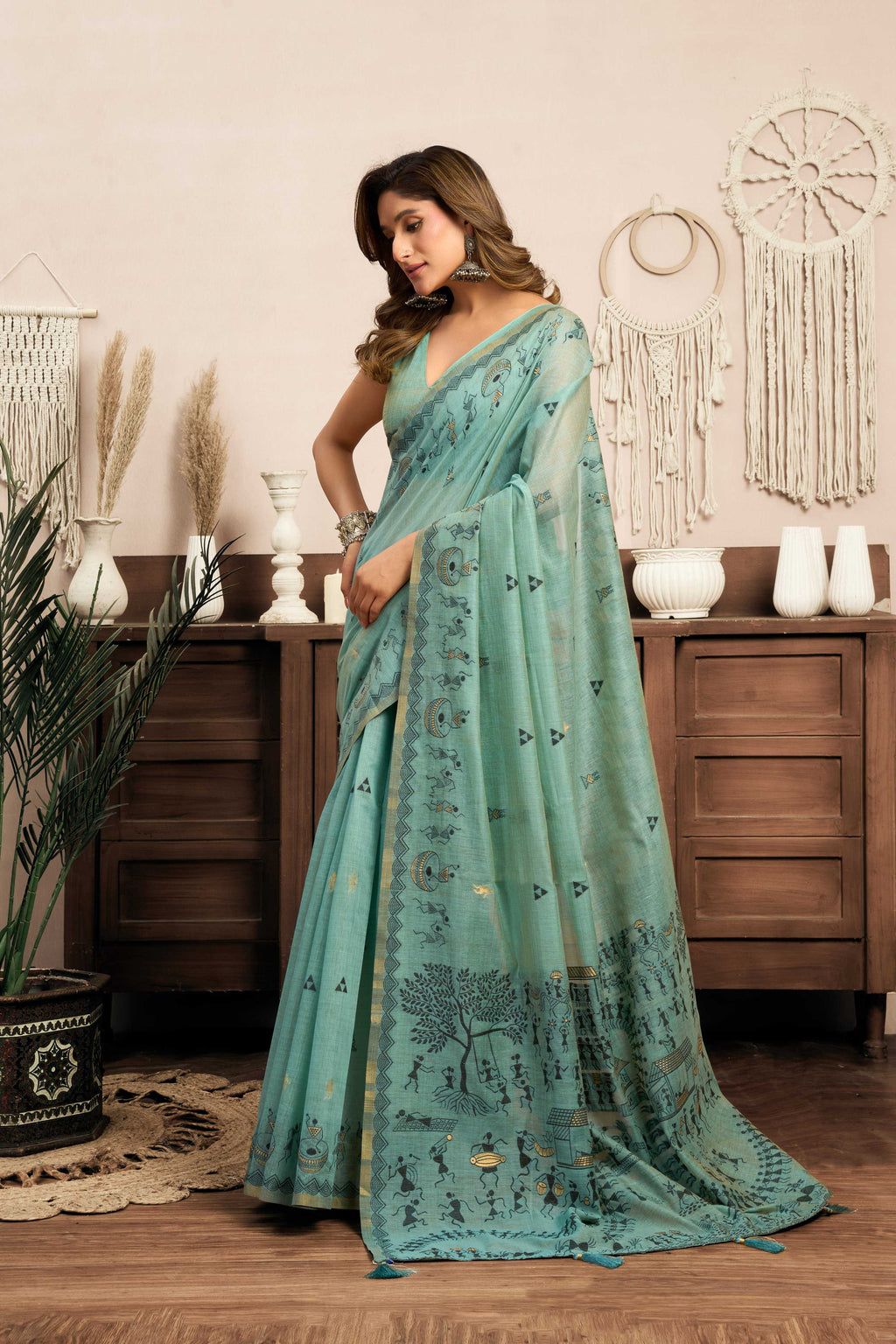 Jyoti Fashion Women's Sky Blue Modal Art Silk Warli Work Saree with Blouse - Distacart