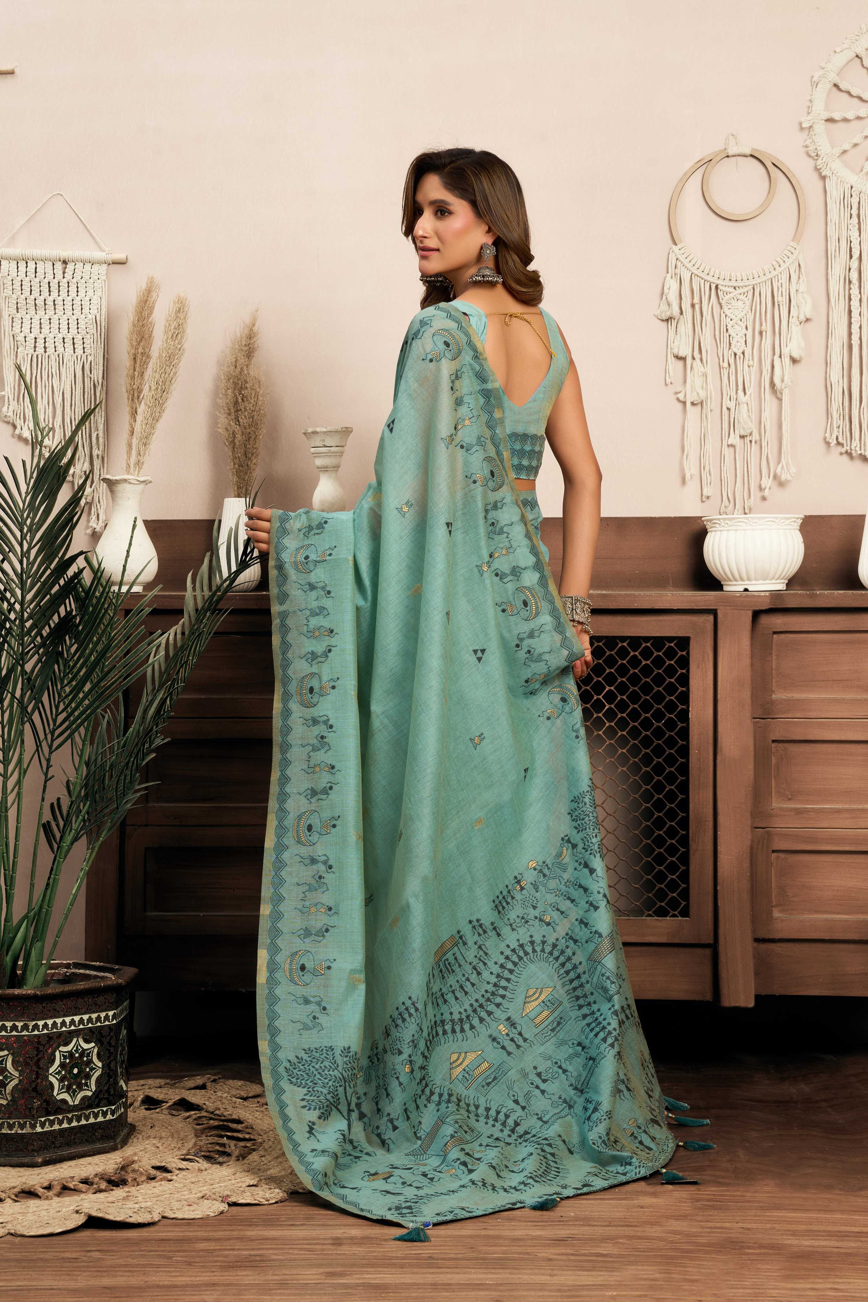 Jyoti Fashion Women's Sky Blue Modal Art Silk Warli Work Saree with Blouse - Distacart