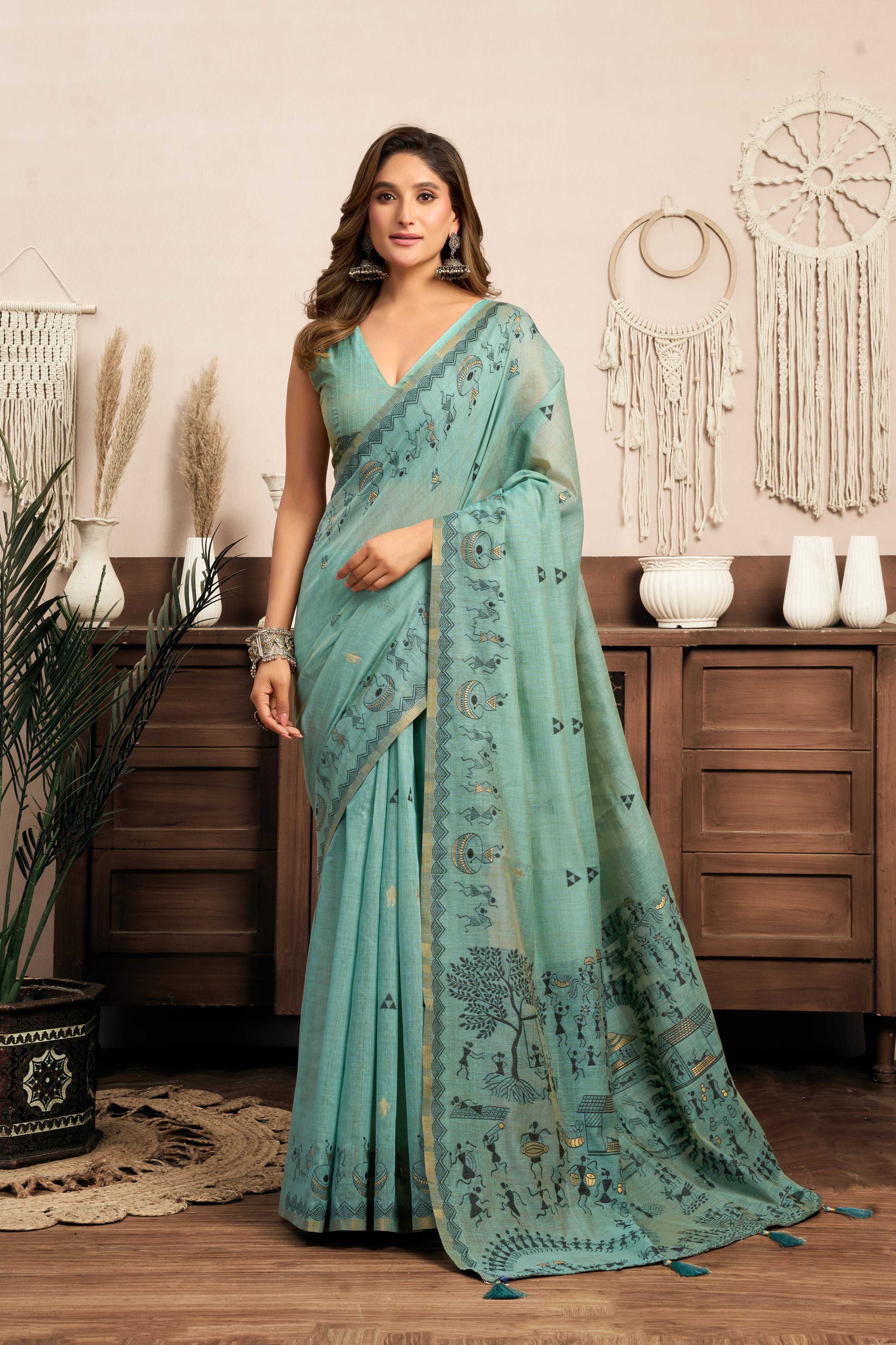 Jyoti Fashion Women's Sky Blue Modal Art Silk Warli Work Saree with Blouse - Distacart