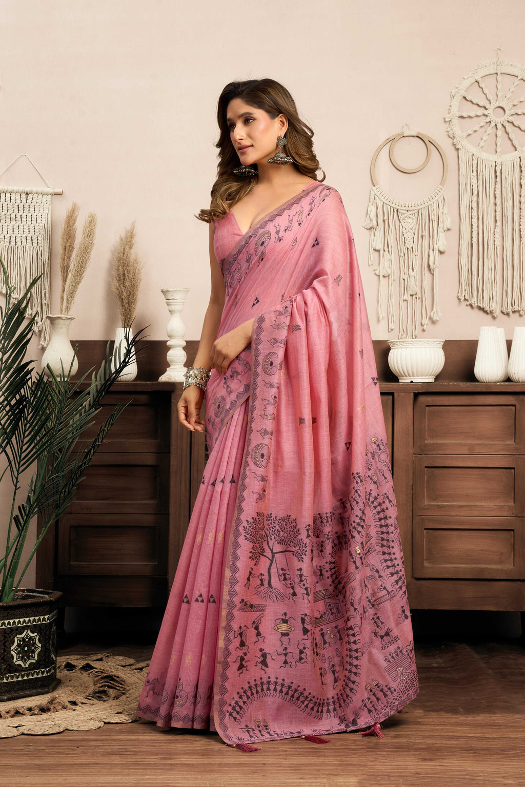 Jyoti Fashion Women's Pink Modal Art Silk Warli Work Saree with Blouse - Distacart