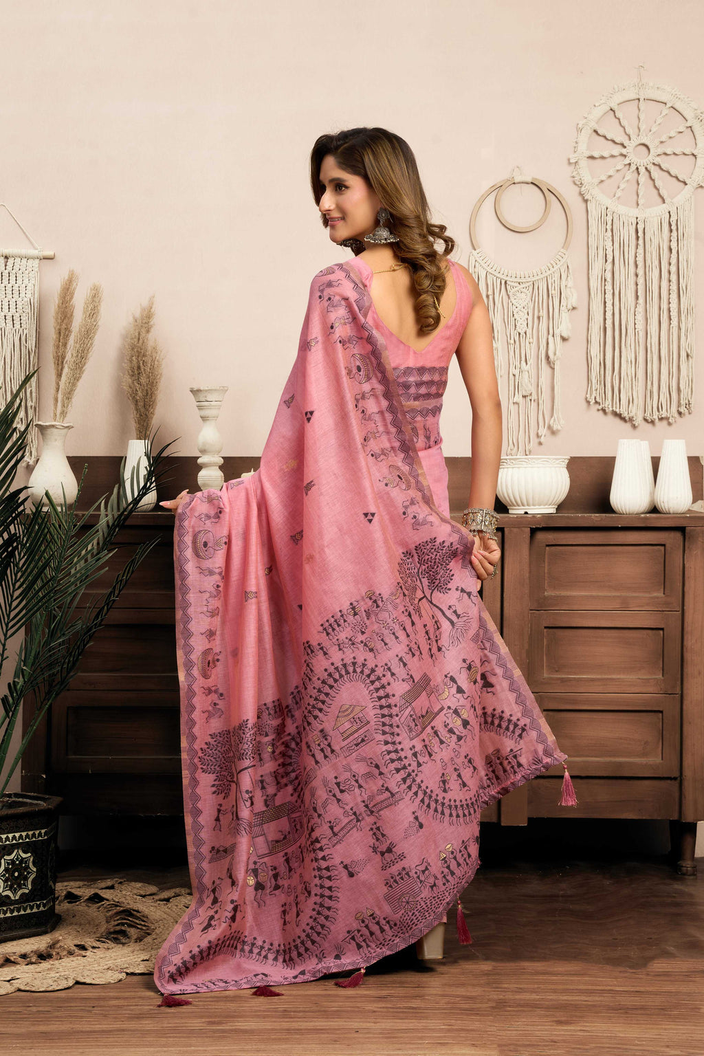 Jyoti Fashion Women's Pink Modal Art Silk Warli Work Saree with Blouse - Distacart
