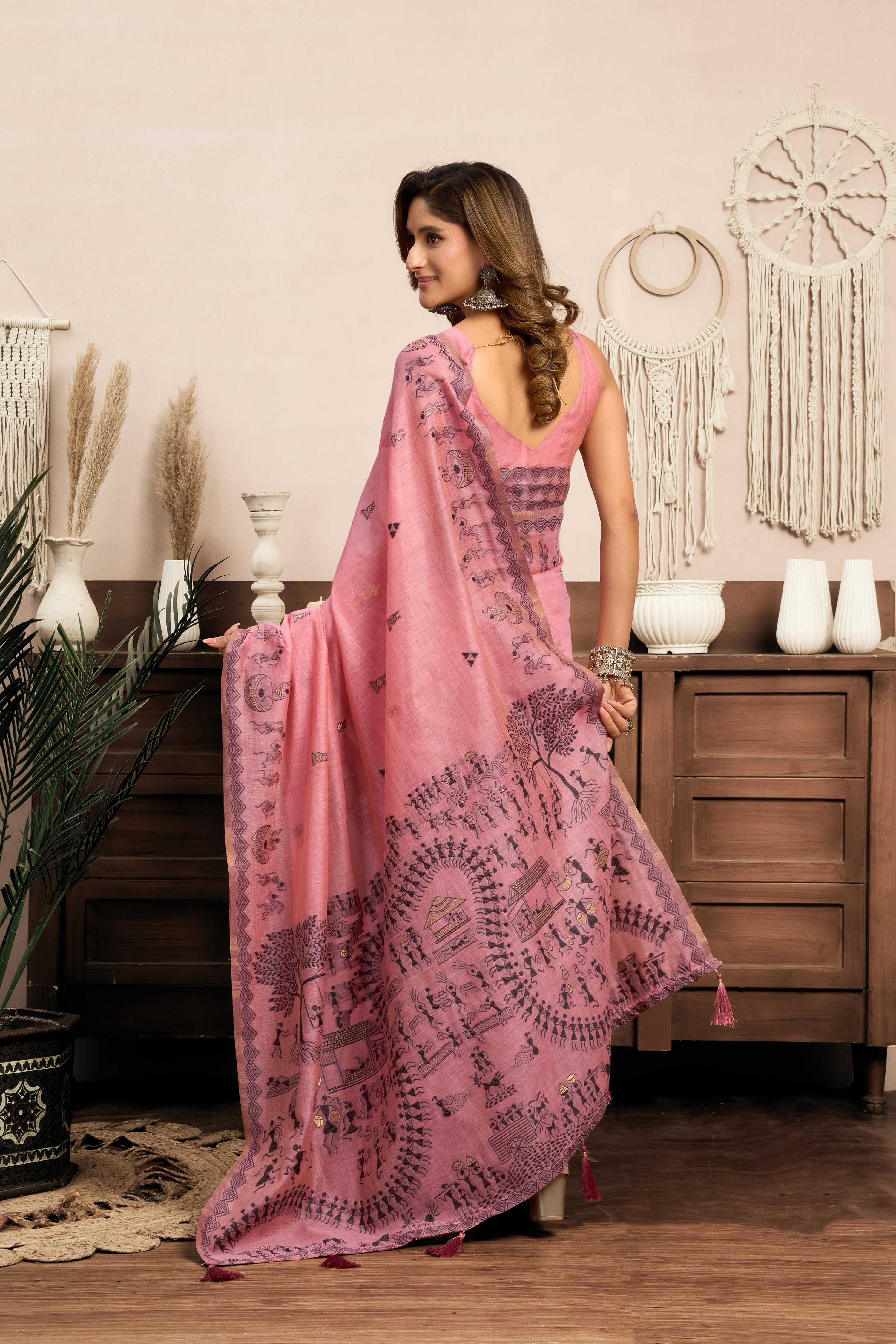 Jyoti Fashion Women's Pink Modal Art Silk Warli Work Saree with Blouse - Distacart