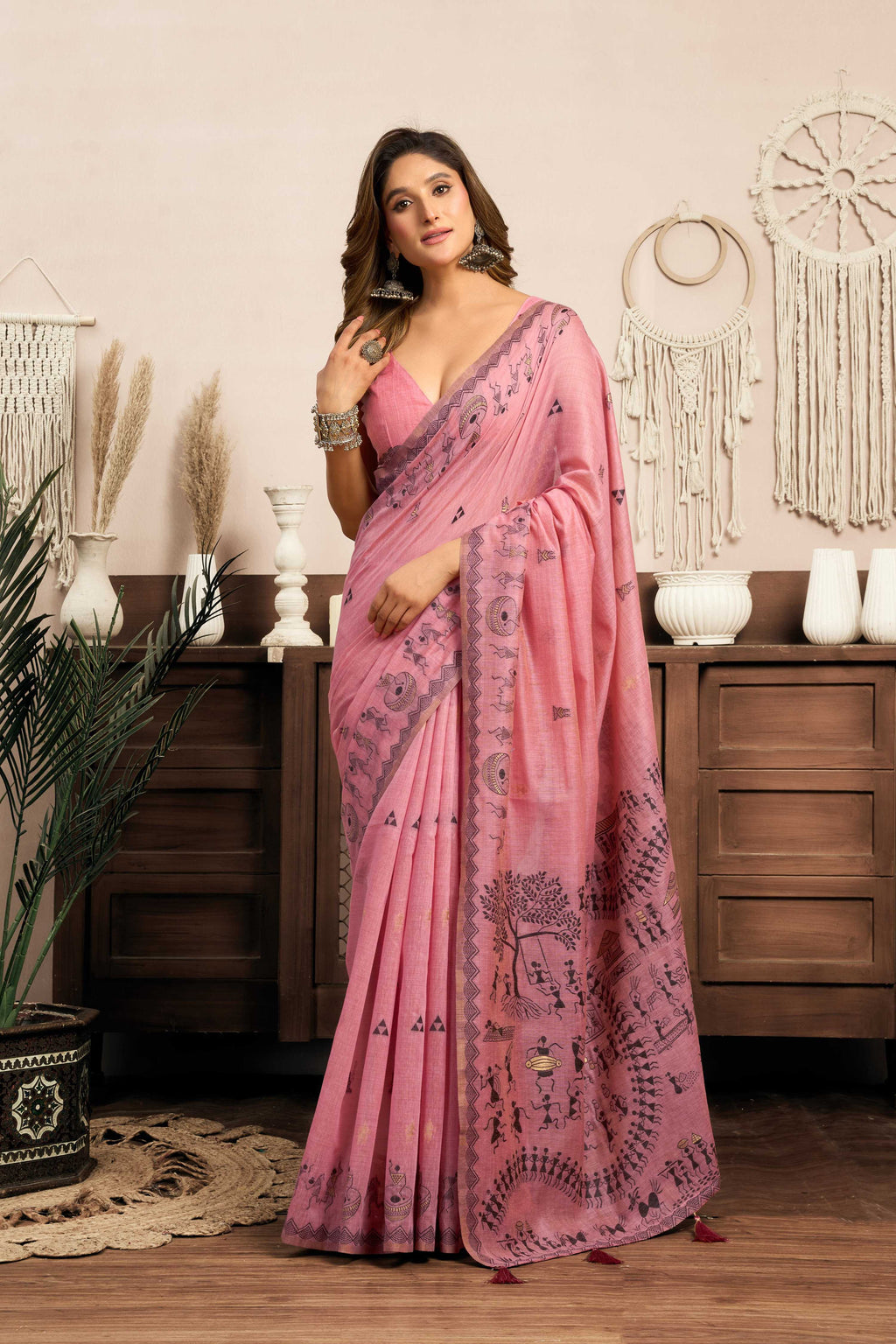 Jyoti Fashion Women's Pink Modal Art Silk Warli Work Saree with Blouse - Distacart