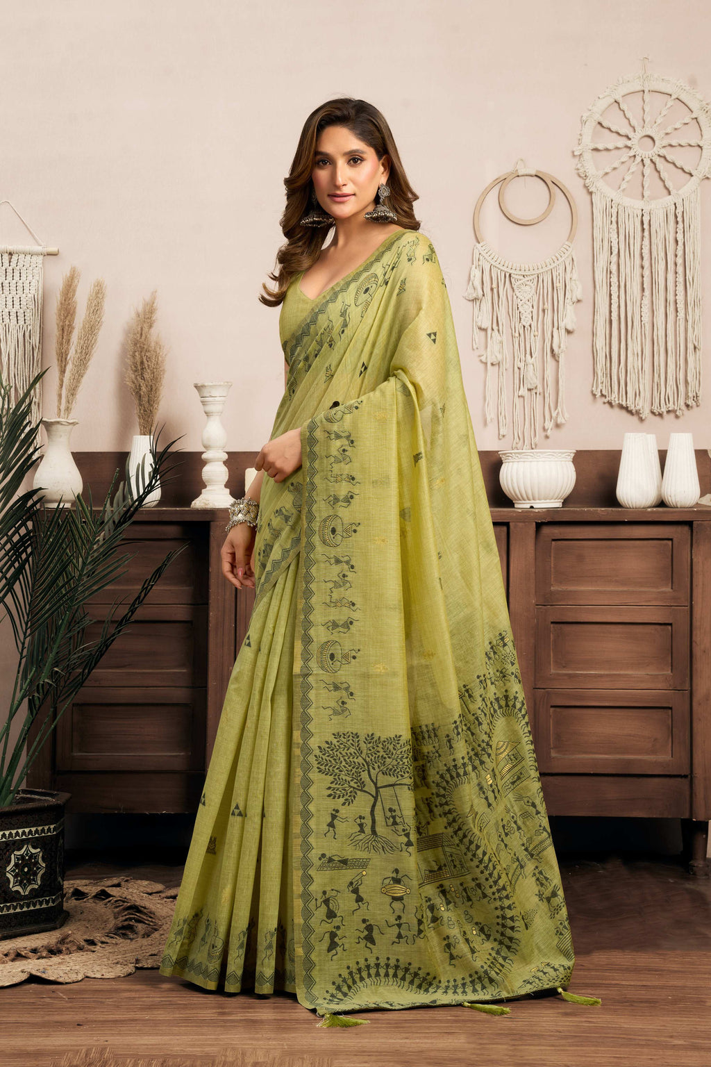 Jyoti Fashion Women's Green Modal Art Silk Warli Work Saree with Blouse - Distacart