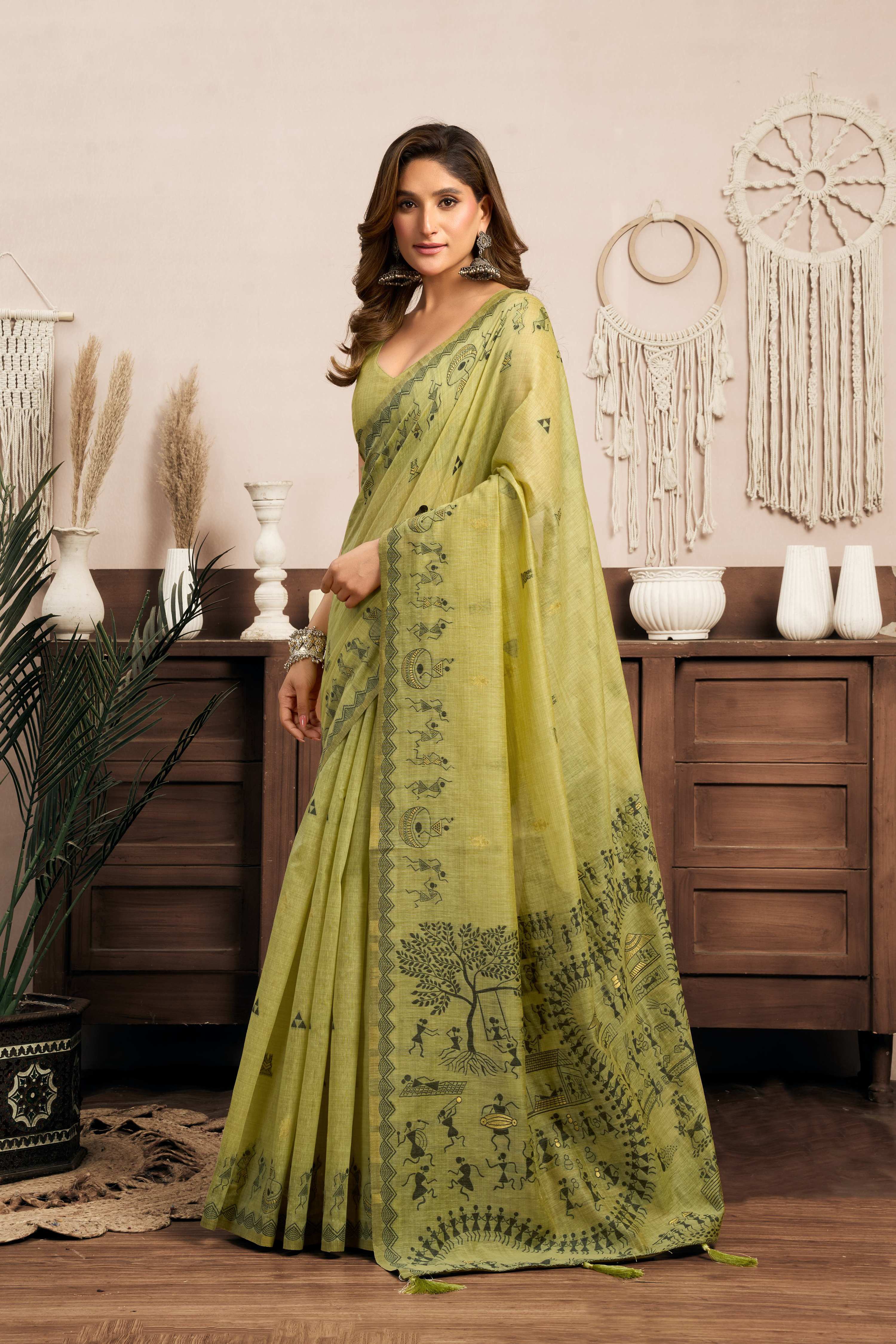 Jyoti Fashion Women's Green Modal Art Silk Warli Work Saree with Blouse - Distacart