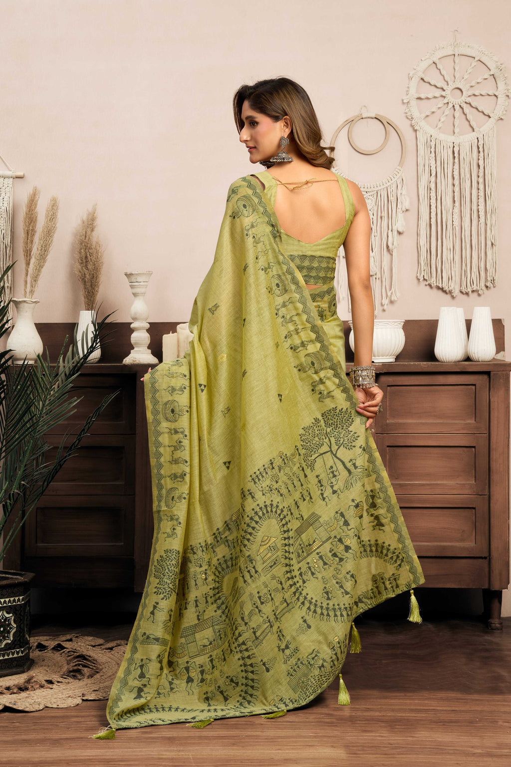 Jyoti Fashion Women's Green Modal Art Silk Warli Work Saree with Blouse - Distacart