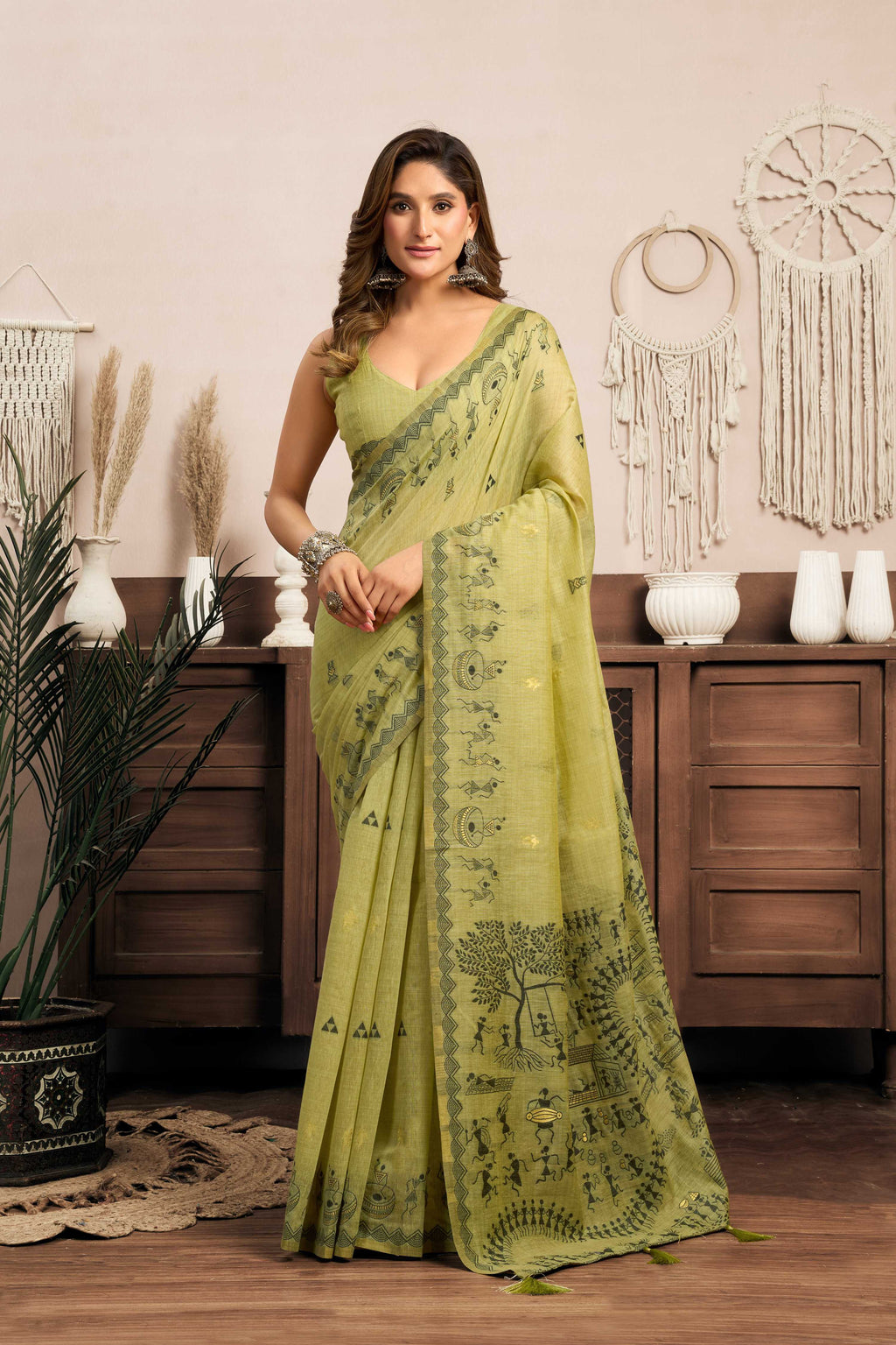 Jyoti Fashion Women's Green Modal Art Silk Warli Work Saree with Blouse - Distacart