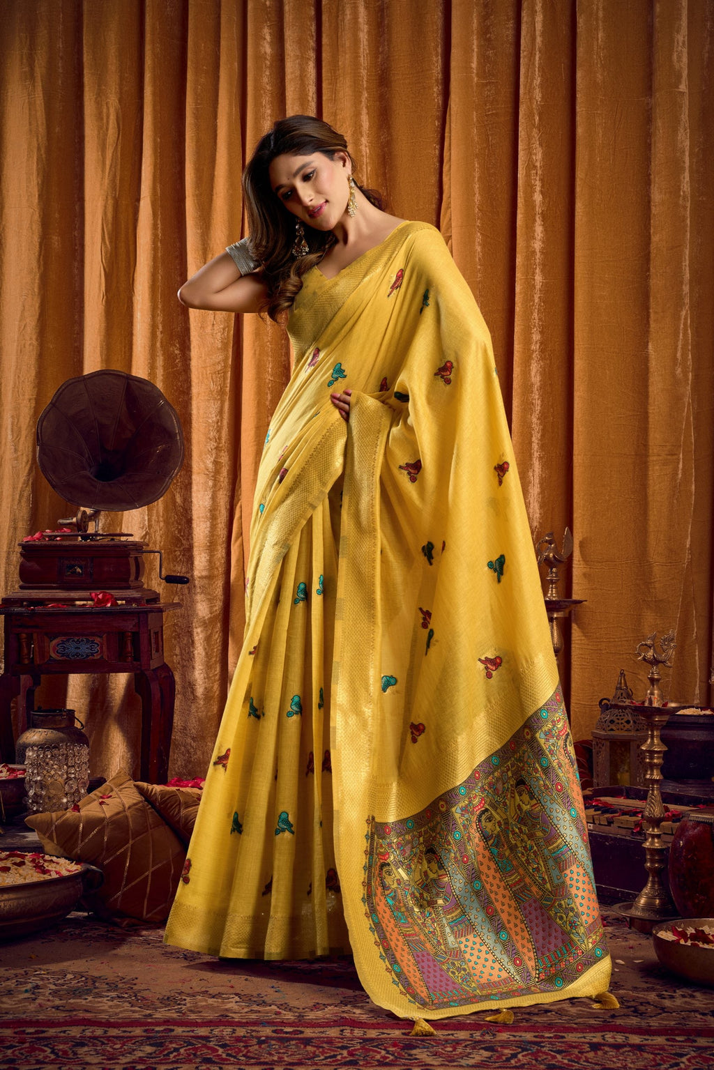 Jyoti Fashion Women's Yellow Khadi Cotton Mina Work Saree with Blouse - Distacart