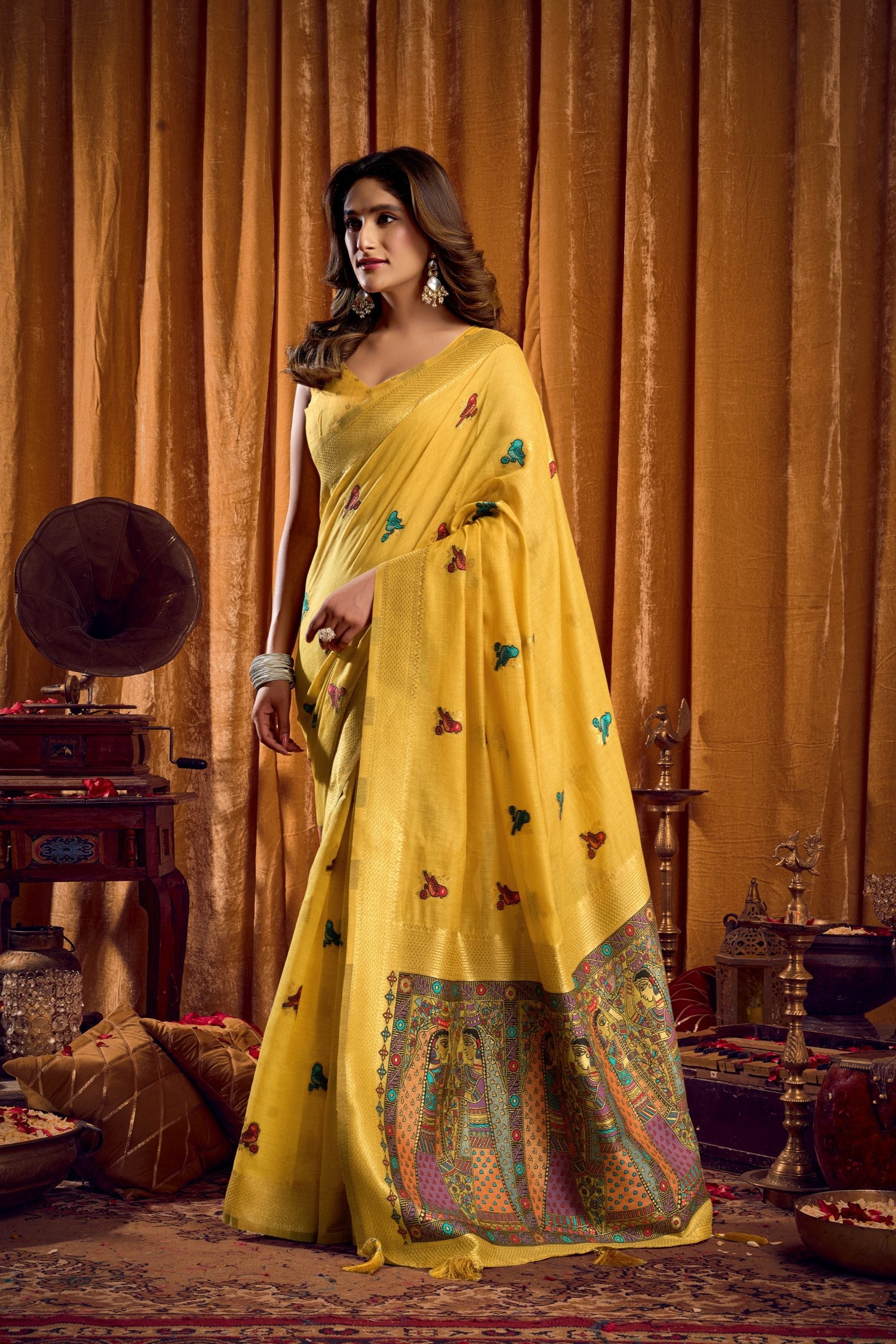 Jyoti Fashion Women's Yellow Khadi Cotton Mina Work Saree with Blouse - Distacart