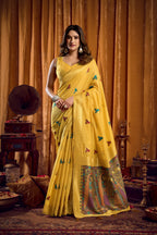 Jyoti Fashion Women's Yellow Khadi Cotton Mina Work Saree with Blouse - Distacart