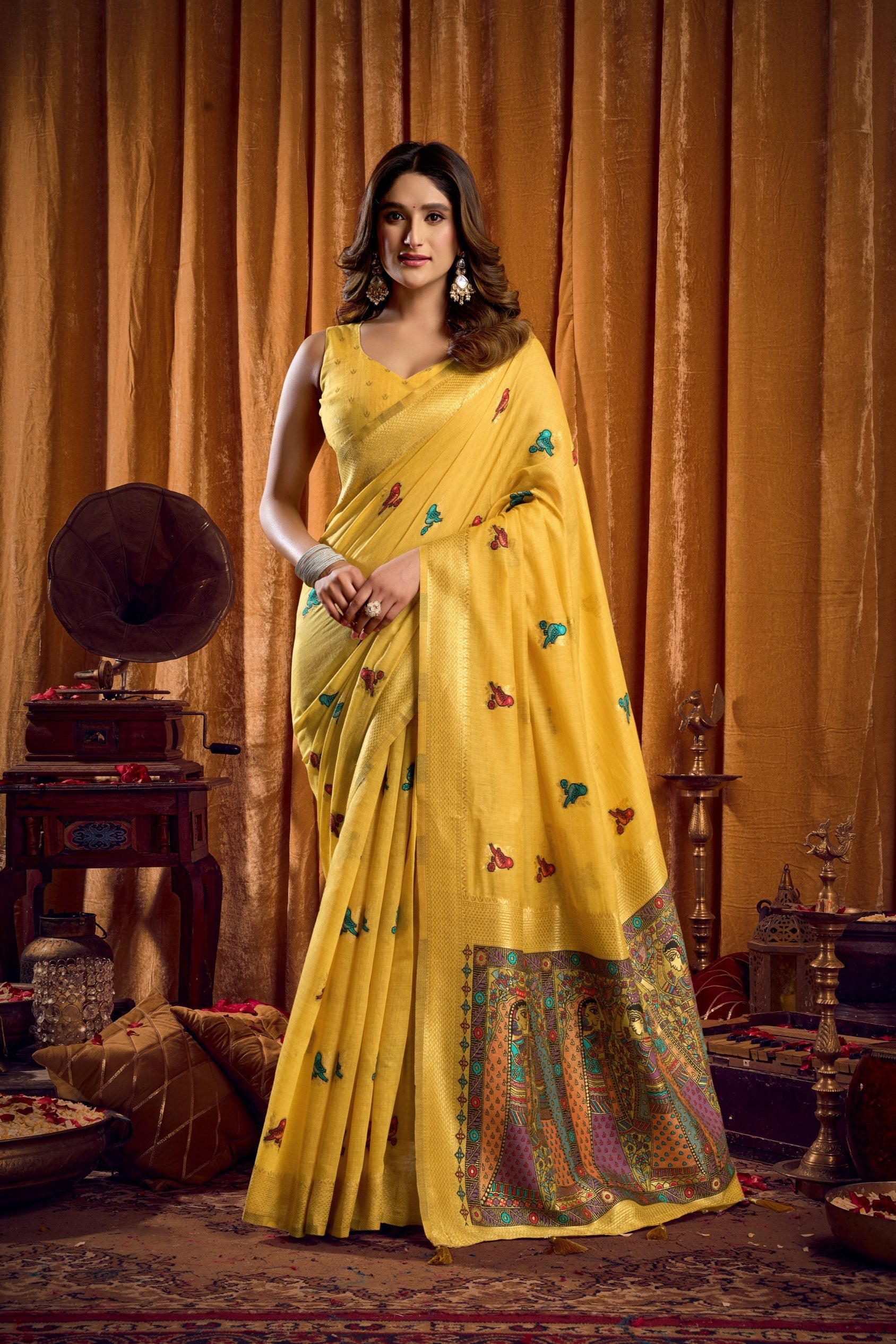 Jyoti Fashion Women's Yellow Khadi Cotton Mina Work Saree with Blouse - Distacart