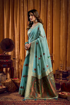 Jyoti Fashion Women's Sky Blue Khadi Cotton Mina Work Saree with Blouse - Distacart