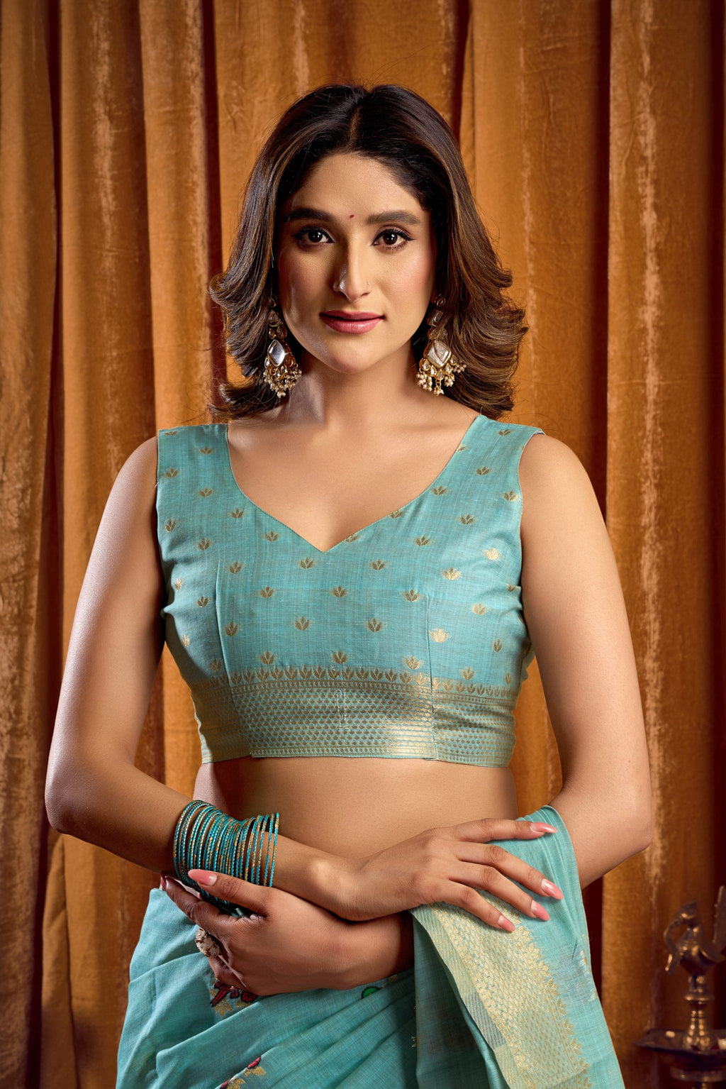 Jyoti Fashion Women's Sky Blue Khadi Cotton Mina Work Saree with Blouse - Distacart