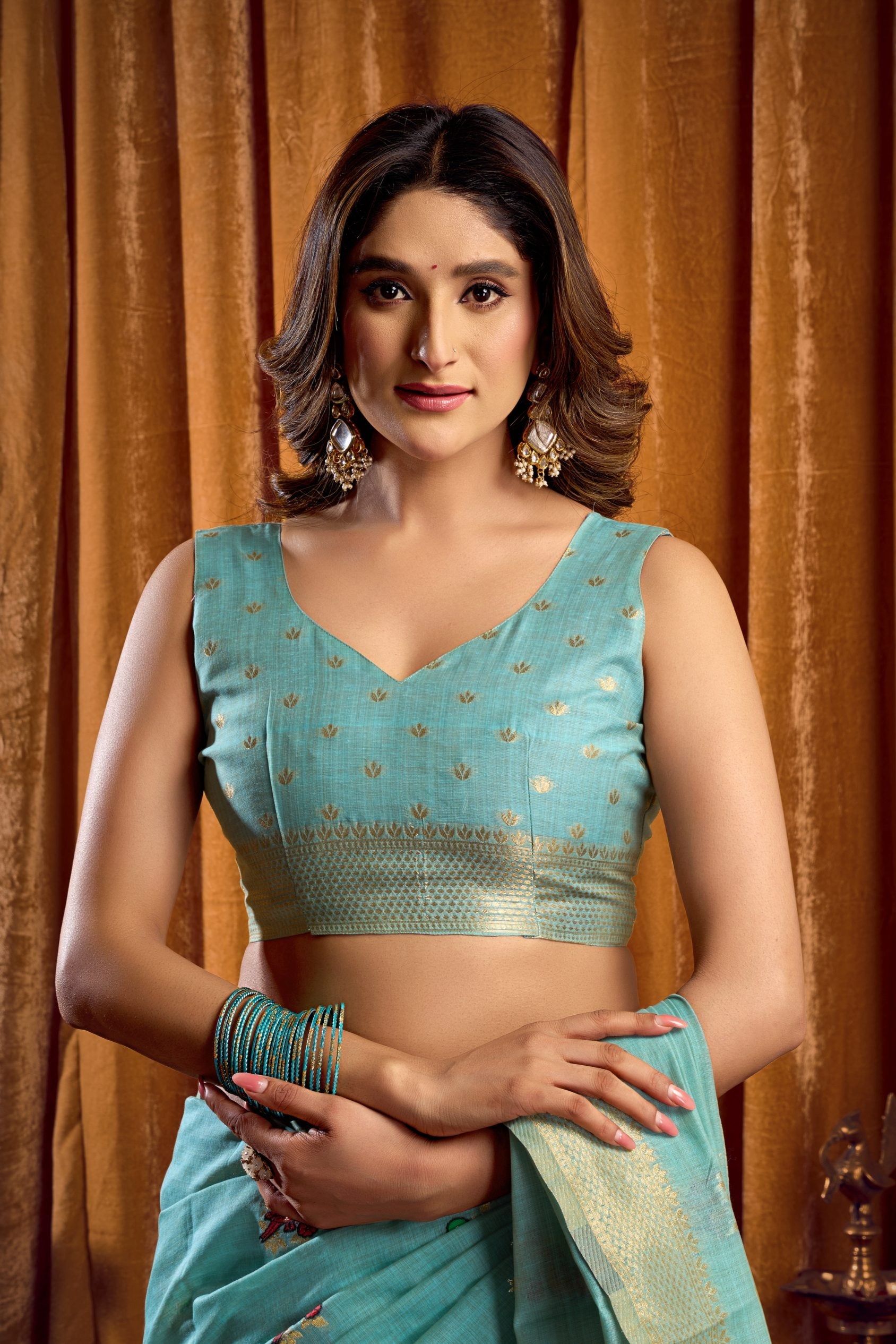 Jyoti Fashion Women's Sky Blue Khadi Cotton Mina Work Saree with Blouse - Distacart