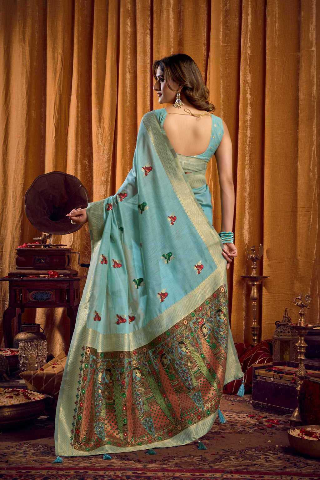 Jyoti Fashion Women's Sky Blue Khadi Cotton Mina Work Saree with Blouse - Distacart