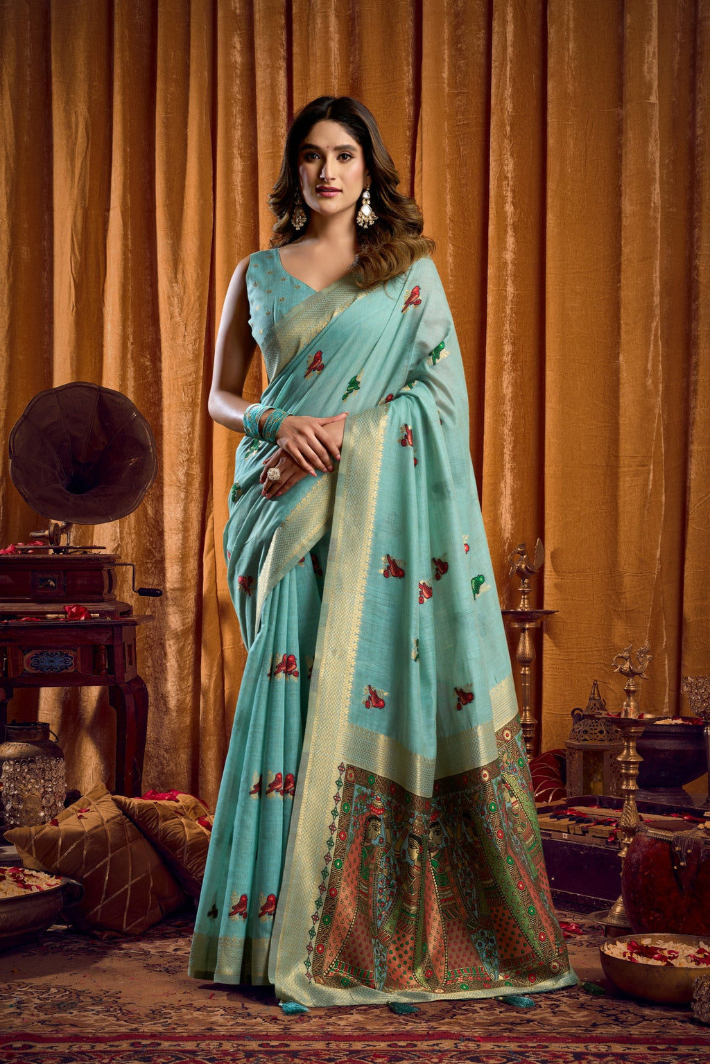 Jyoti Fashion Women's Sky Blue Khadi Cotton Mina Work Saree with Blouse - Distacart