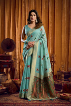 Jyoti Fashion Women's Sky Blue Khadi Cotton Mina Work Saree with Blouse - Distacart