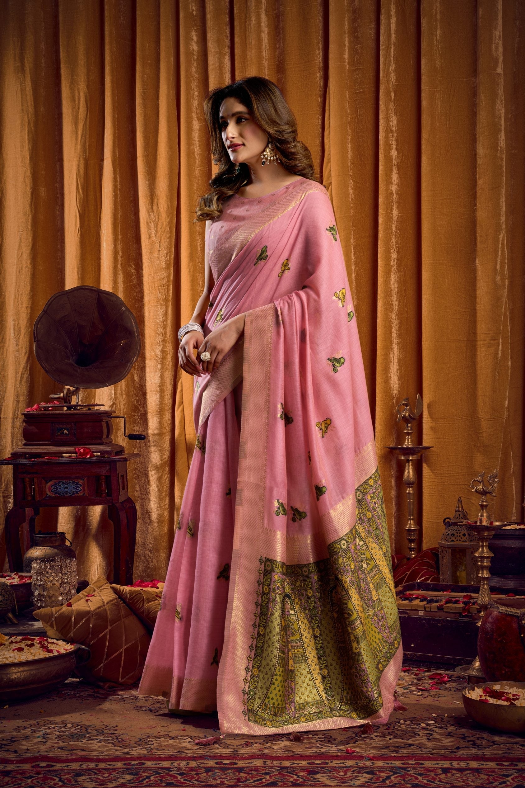 Jyoti Fashion Women's Pink Khadi Cotton Mina Work Saree with Blouse - Distacart