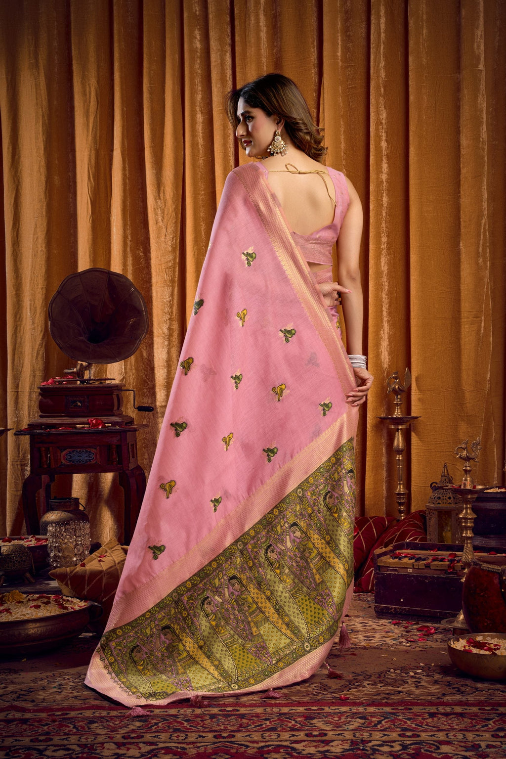 Jyoti Fashion Women's Pink Khadi Cotton Mina Work Saree with Blouse - Distacart