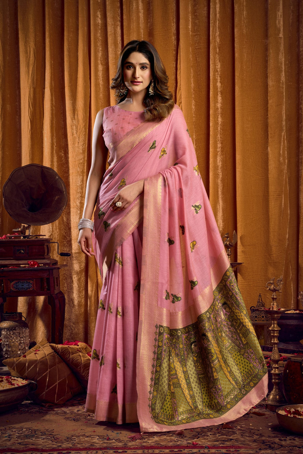 Jyoti Fashion Women's Pink Khadi Cotton Mina Work Saree with Blouse - Distacart