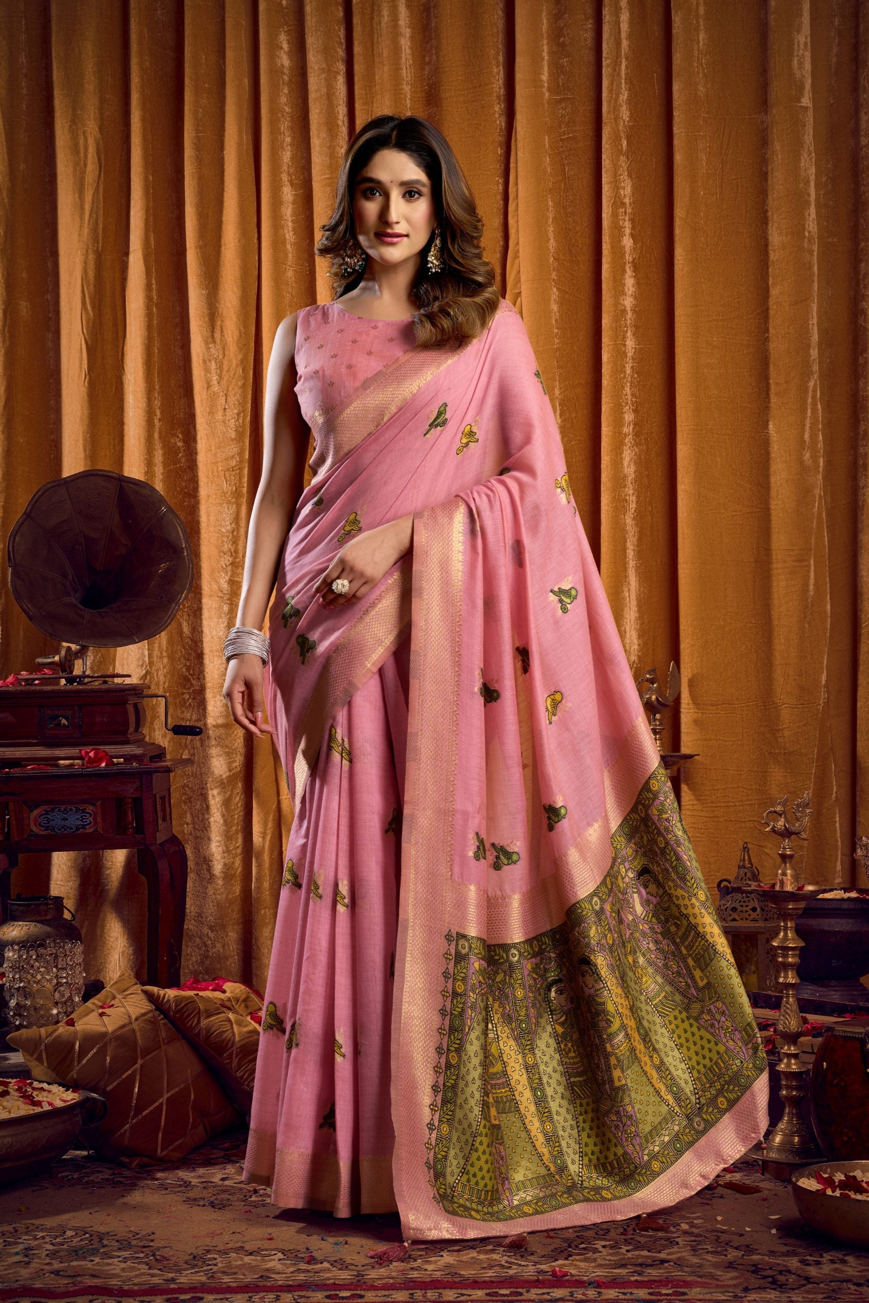 Jyoti Fashion Women's Pink Khadi Cotton Mina Work Saree with Blouse - Distacart