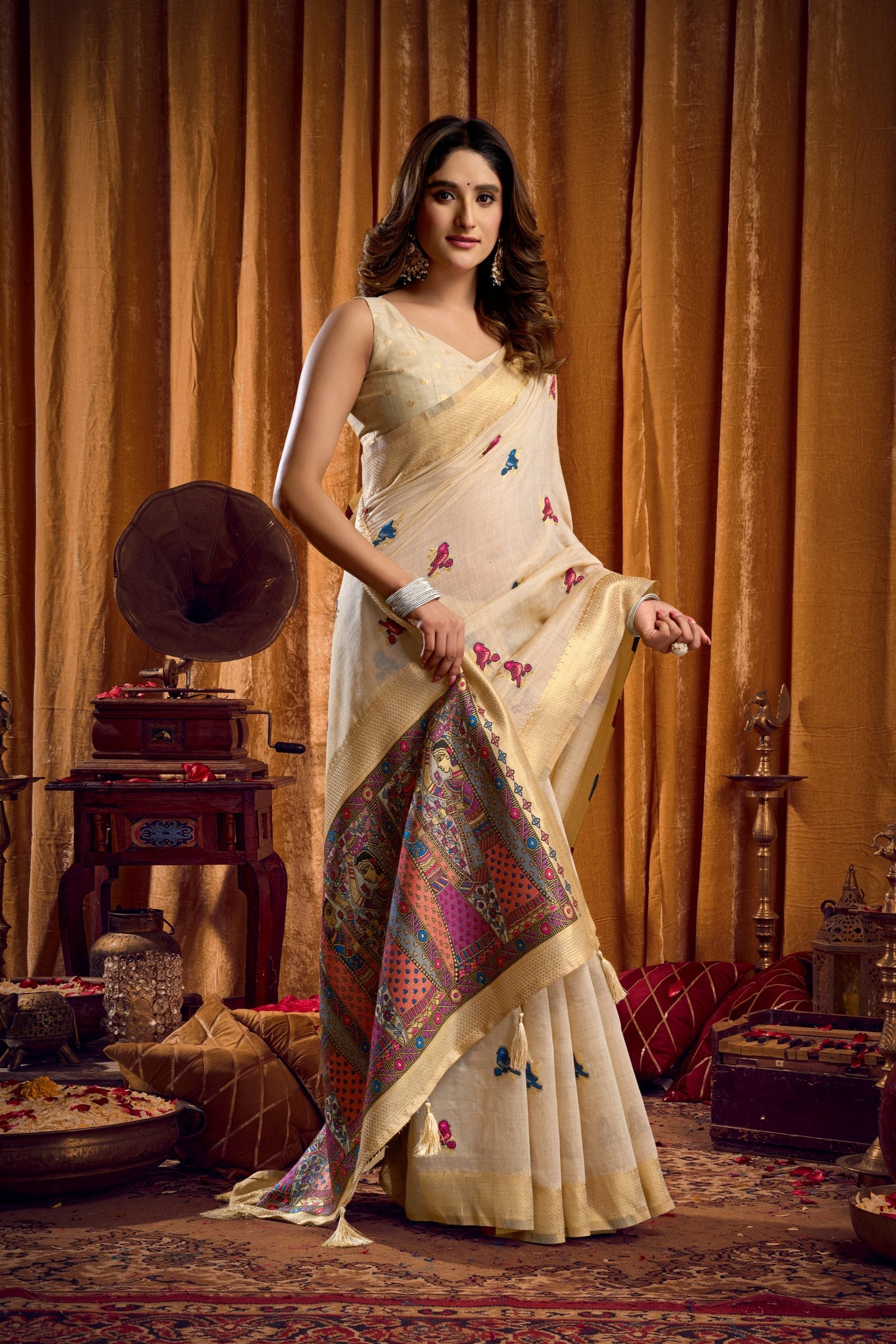 Jyoti Fashion Women's Cream Khadi Cotton Mina Work Saree with Blouse - Distacart