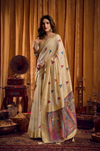 Jyoti Fashion Women's Cream Khadi Cotton Mina Work Saree with Blouse - Distacart