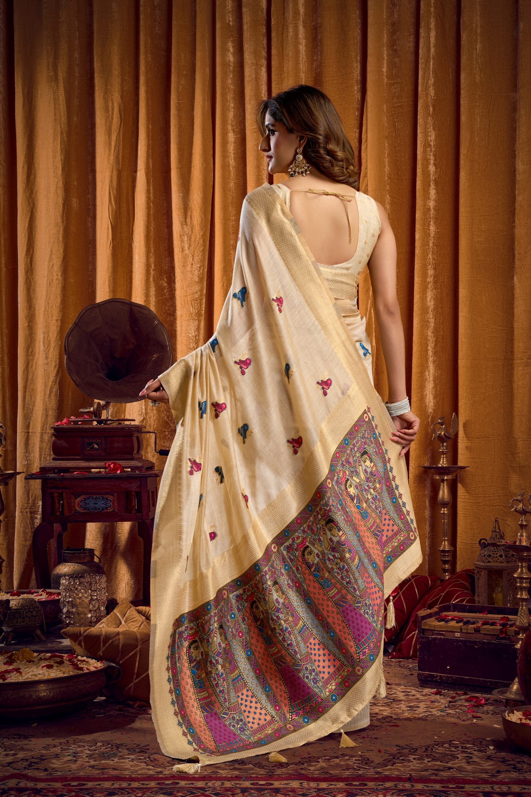 Jyoti Fashion Women's Cream Khadi Cotton Mina Work Saree with Blouse - Distacart